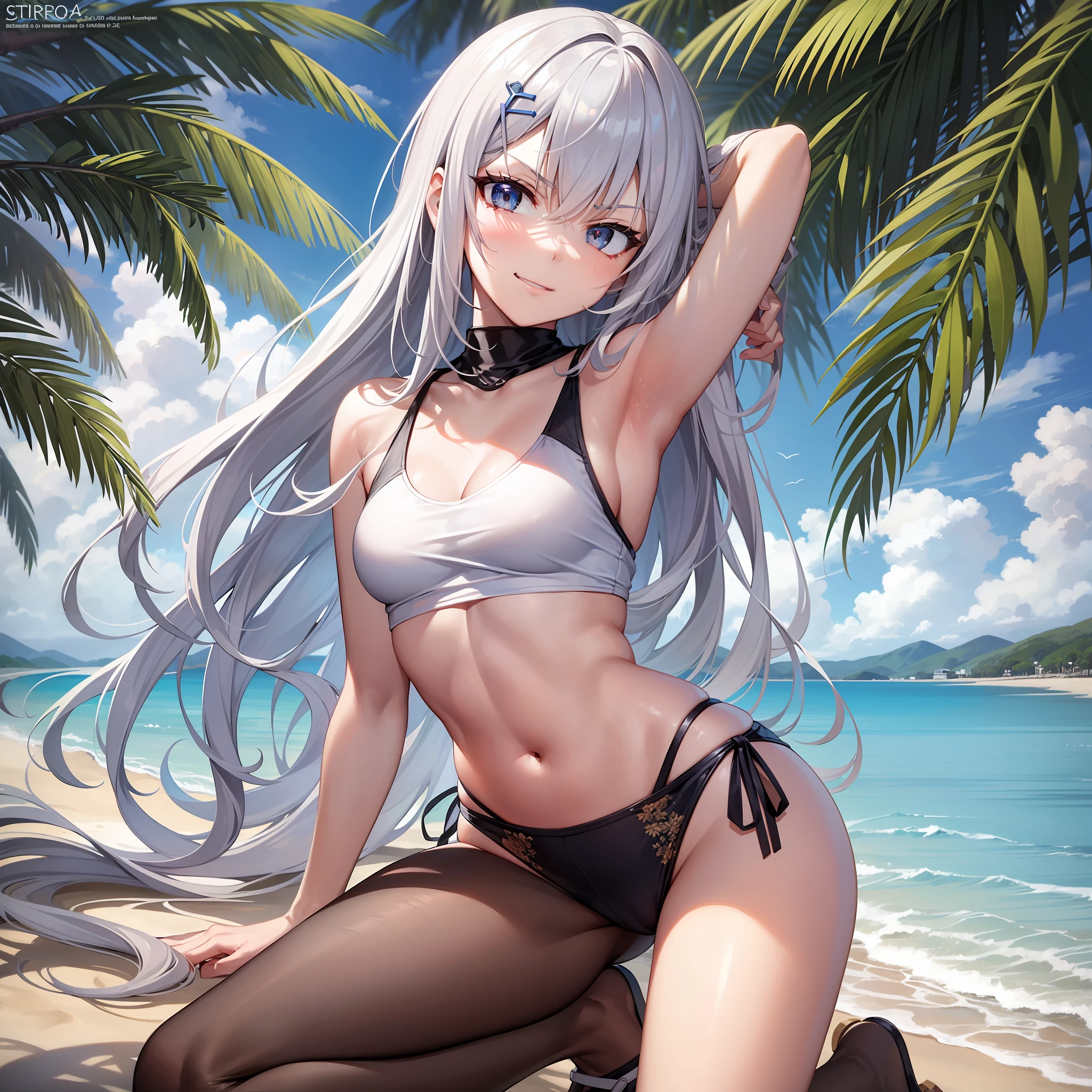 1girl, solo focus, type moon style, Kyoto animation style, very long hair, blunt bangs, hair between eyes, sidelocks, white hair, shiny hair, beautiful detailed cold face, seductive smile, angry, complex details beautiful and delicate eyes, bare_shoulders, small_breasts, gray eyes, white skin, hair ornament, (((T-shirt))), swim ring, swimsuit, beautiful bare back, sandals, skindentation, collarbones, bare_legs, beach, beautiful detailed sky, White sand, tree, very precise detailed, absurdres, extremely detailed, 16k wallpaper,