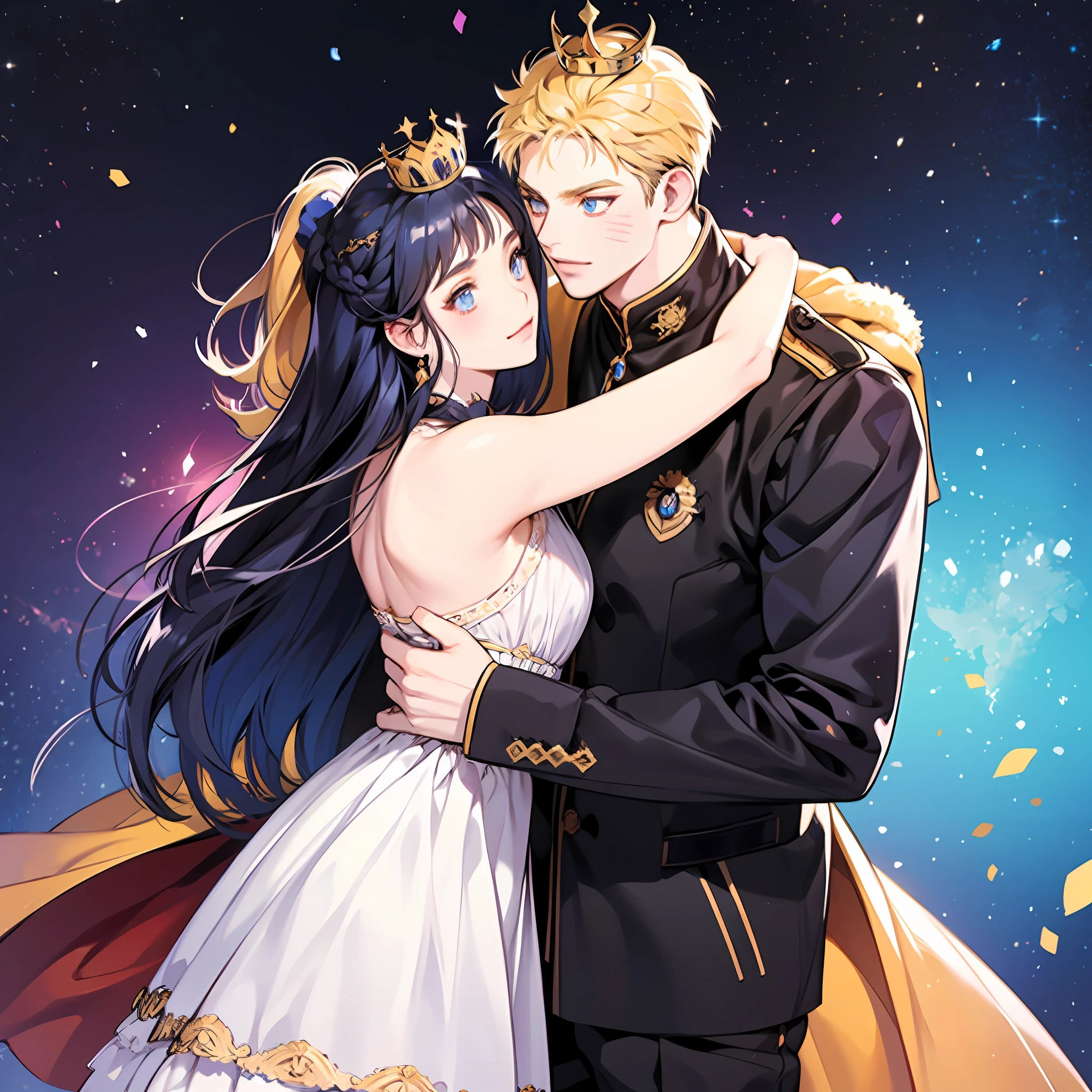 blonde man, dark blue hair girl, naruhina, hug, masterpiece, couple, standing, royalti, nobility, (((crowns))), king, queen, looking into each other eyes, romatic