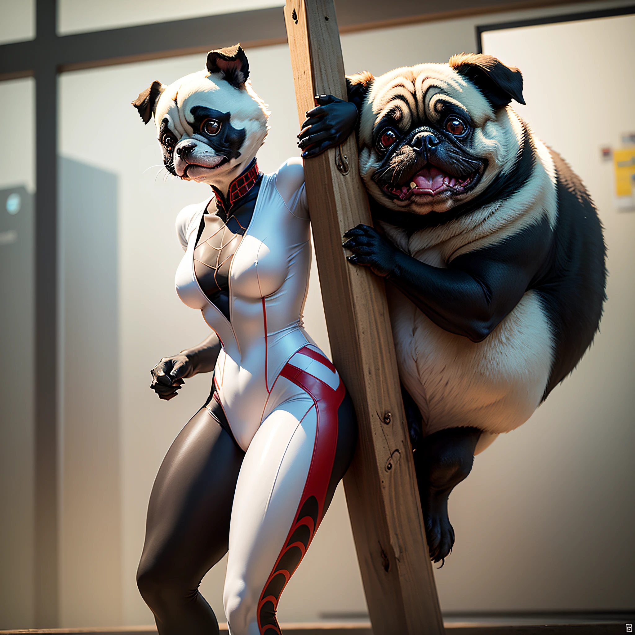 Spider - pug in white suit is standing on a block, conceito detalhado de corpo inteiro, personagem posando para arte conceitual, gato doja como kungfu panda, conceito de corpo inteiro, bela arte conceitual de corpo inteiro, posando para uma luta intrincada, character is in her natural pose, arte conceitual detalhada de corpo inteiro, estudo de pose, kungfu panda, pose neutra, pernas esticadas!! intrincado, musculoso --auto