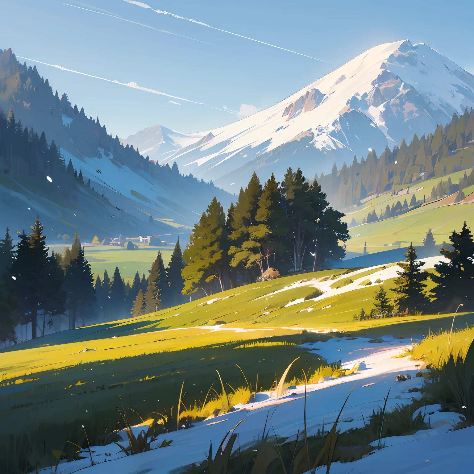 (masterpaintings,optimal quality:1.3),extremly high detail,intrikate,8k,HDR,cinamtic lighting,skies,Temperate forests,snow mountain,grass field, --auto