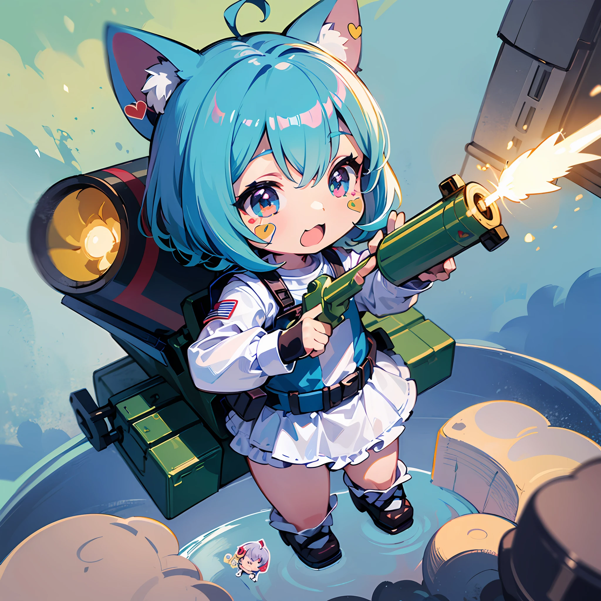 ((sticker:1.5)))、((Chibi Chara))、(((rocket launcher)))、Fluffy、1girl in、saluting、Thanks、Thank you strongest、Chibi Chara、ful body、pastel-colored hair、Fairy tale、Fantastical、masterpeice、Best quality、high picture quality