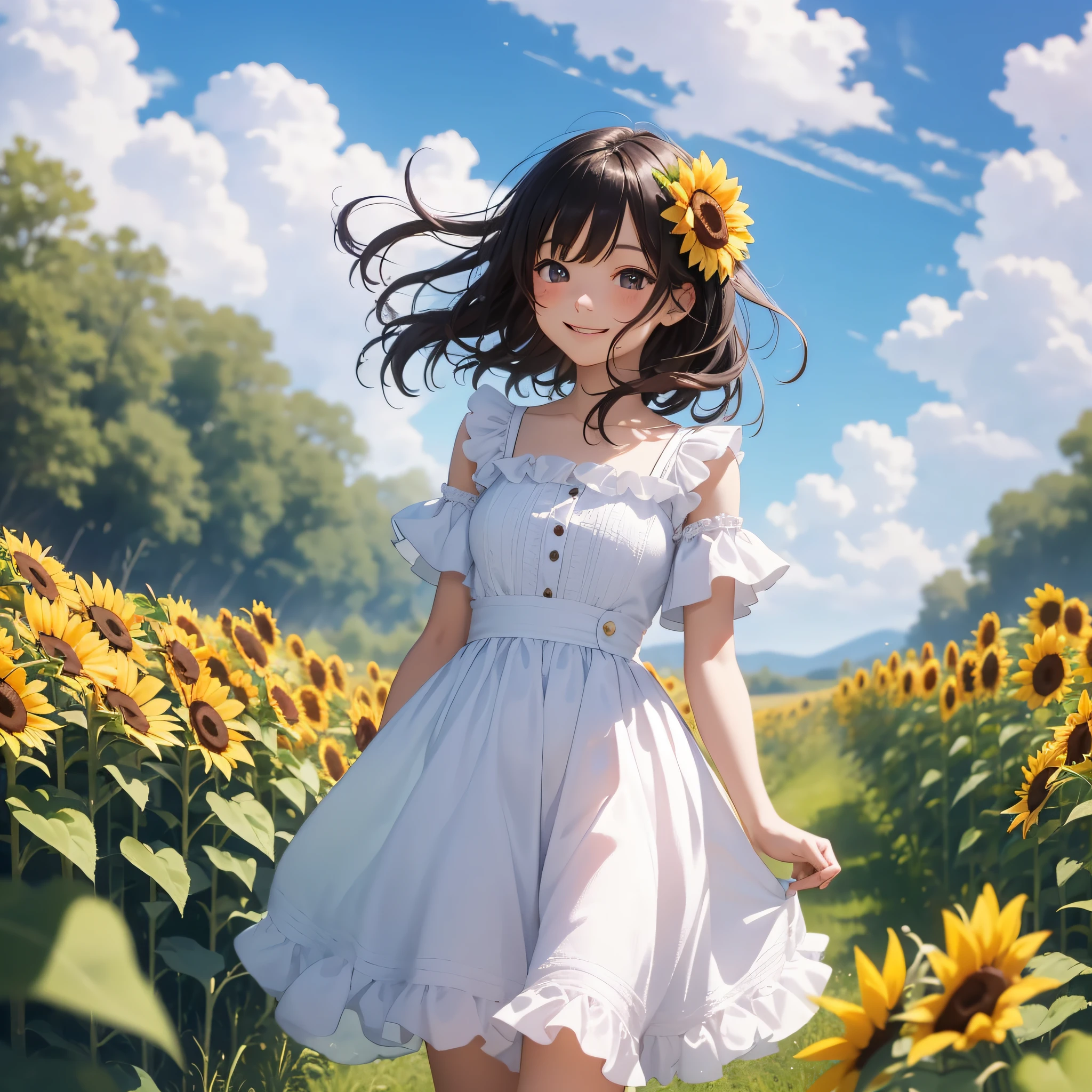A Q version girl, smiling walking among the sunflower fields, jumping happily in the sun. She holds a bouquet of flowers in her hand, behind the blue sky and white clouds, under the warm light, this scene is simply too cute! Hd! Blind box style
