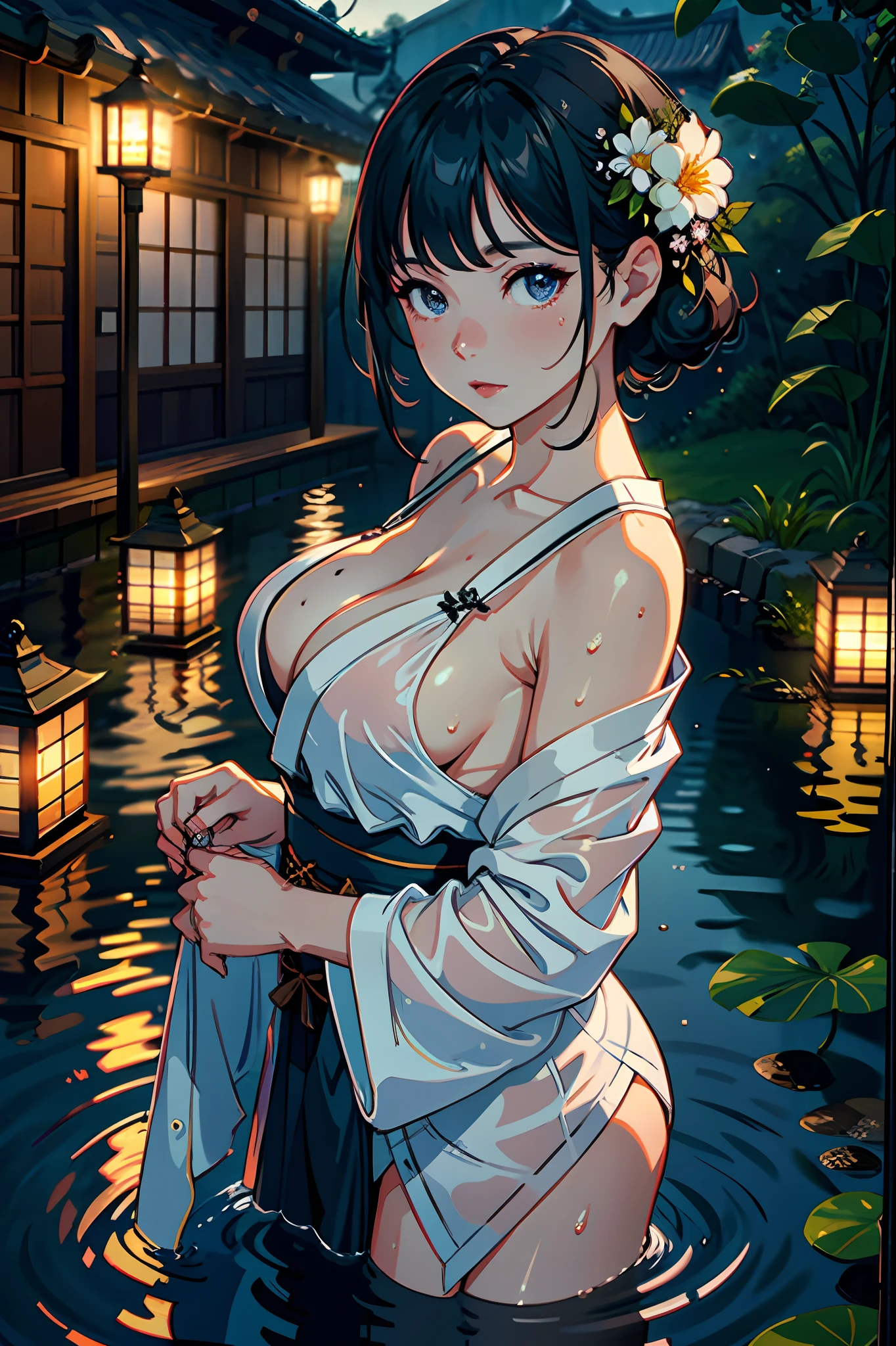 1girl, breasts, moon, lantern, night, solo, large breasts, hair ornament, wet, kimono, japanese clothes, wading, water, hair flower, flower, outdoors, sky, full moon, rain, black hair, off shoulder, mountain, cloud, holding, sash, bare shoulders, paper lantern, standing, white kimono, night sky, sideboob, obi, wet clothes, bangs, tree, from side, reflection, short hair, cloudy sky, wet hair (((masterpiece),(extremely detailed CG unity 8k wallpaper),best quality,,solo,1girl,cinematic lighting,detailed background,beautiful detailed eyes,bright pupils, (an extremely delicate and beautiful),(Beautiful and detailed eye description)， ultra-detailed,masterpiece,)),