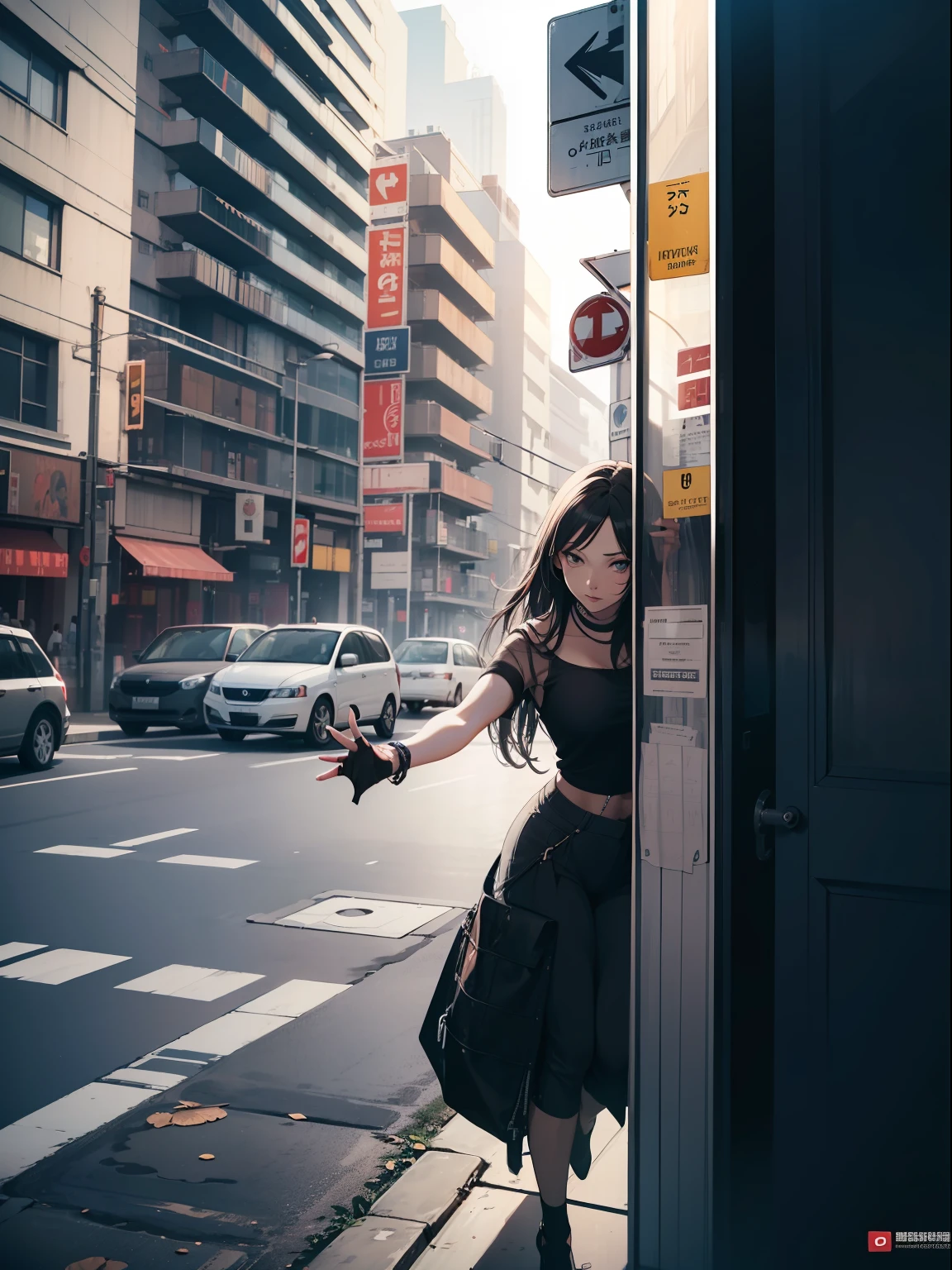 woman, (((from below))), busy city, foreshortening, (seductive pose), looking at viewer, mad, blackcutoffs, (eye contact), african,  photorealistic, masterpiece, realistic, high contrast, hyper detailed, best quality, ultra high res, photorealistic, high resolution, detailed, raw photo,