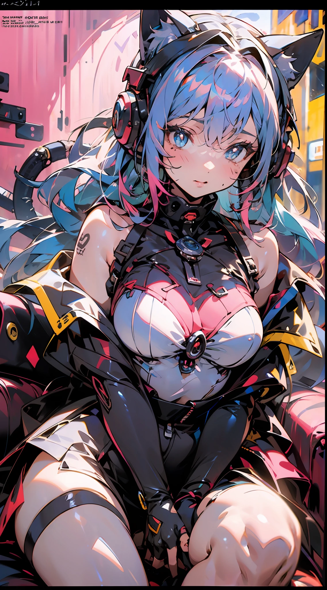 （agirl）, Long colored curly hair, Light red eyeshadow, To have moles, Delicate, beautiful and not blurred face, Black pupils, Blue eyes, White mink cropped leather jacket, There are tattoos on the back of the hands, With pink glowing cat ear headphones，Lie down on a sofa, Holding a Switch console，Cute cats，The room was piled with all kinds of manga magazines，There is Mario on the wall、Final Fantasy、Osaide and other game posters and PS game disc boxes,（Heavily detailed:1.3）, Modern, Tonalism, Realism, Ray tracing, full bloom, projected inset, Footage looking down from above, 135mm, f/16, ultra high def, 巨作, ccurate, Textured skin, Super detail, 8K