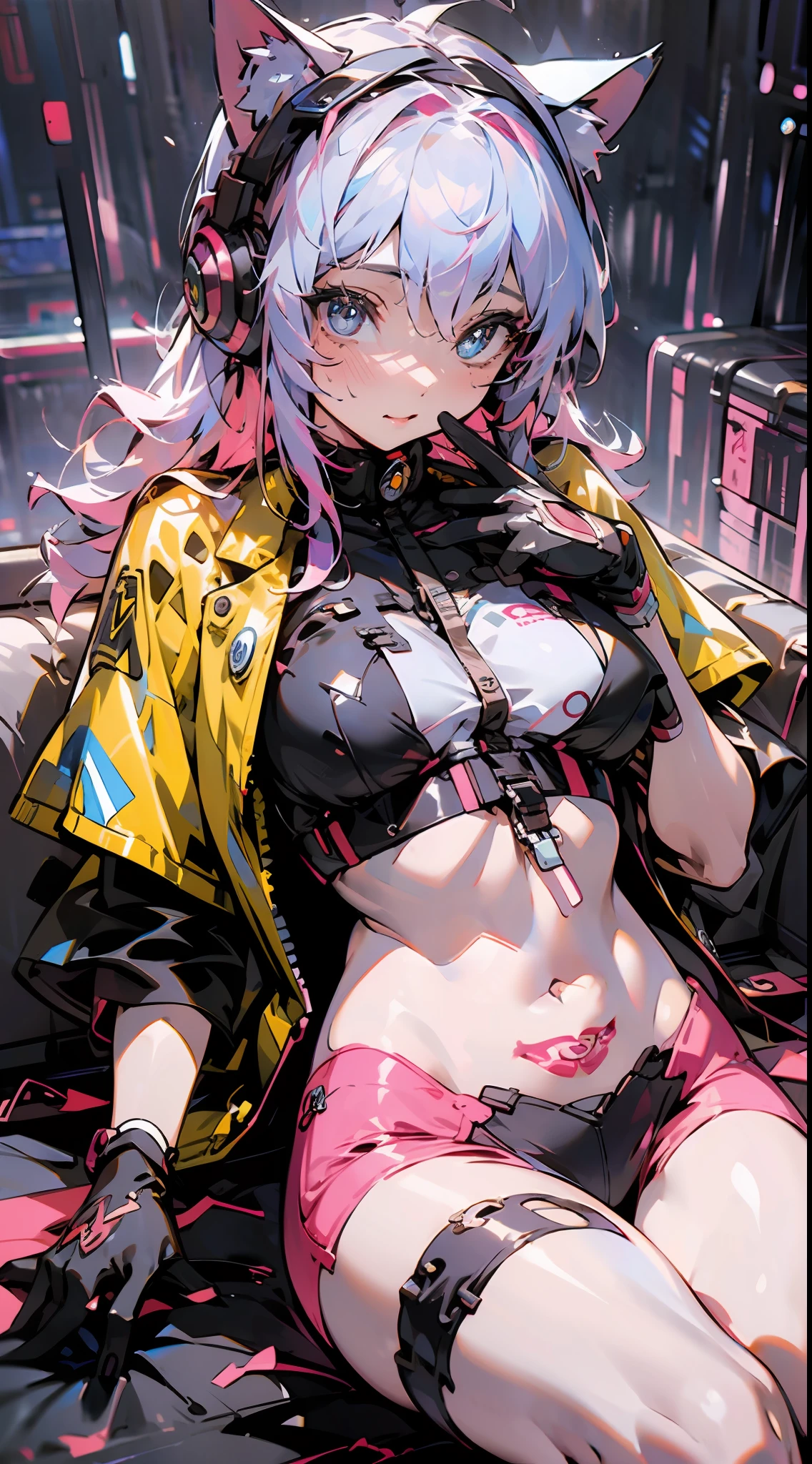 （agirl）, Long colored curly hair, Light red eyeshadow, To have moles, Delicate, beautiful and not blurred face, Black pupils, Blue eyes, White mink cropped leather jacket, There are tattoos on the back of the hands, With pink glowing cat ear headphones，Lie down on a sofa, Holding a Switch console，Cute cats，The room was piled with all kinds of manga magazines，There is Mario on the wall、Final Fantasy、Osaide and other game posters and PS game disc boxes,（Heavily detailed:1.3）, Modern, Tonalism, Realism, Ray tracing, full bloom, projected inset, Footage looking down from above, 135mm, f/16, ultra high def, 巨作, ccurate, Textured skin, Super detail, 8K