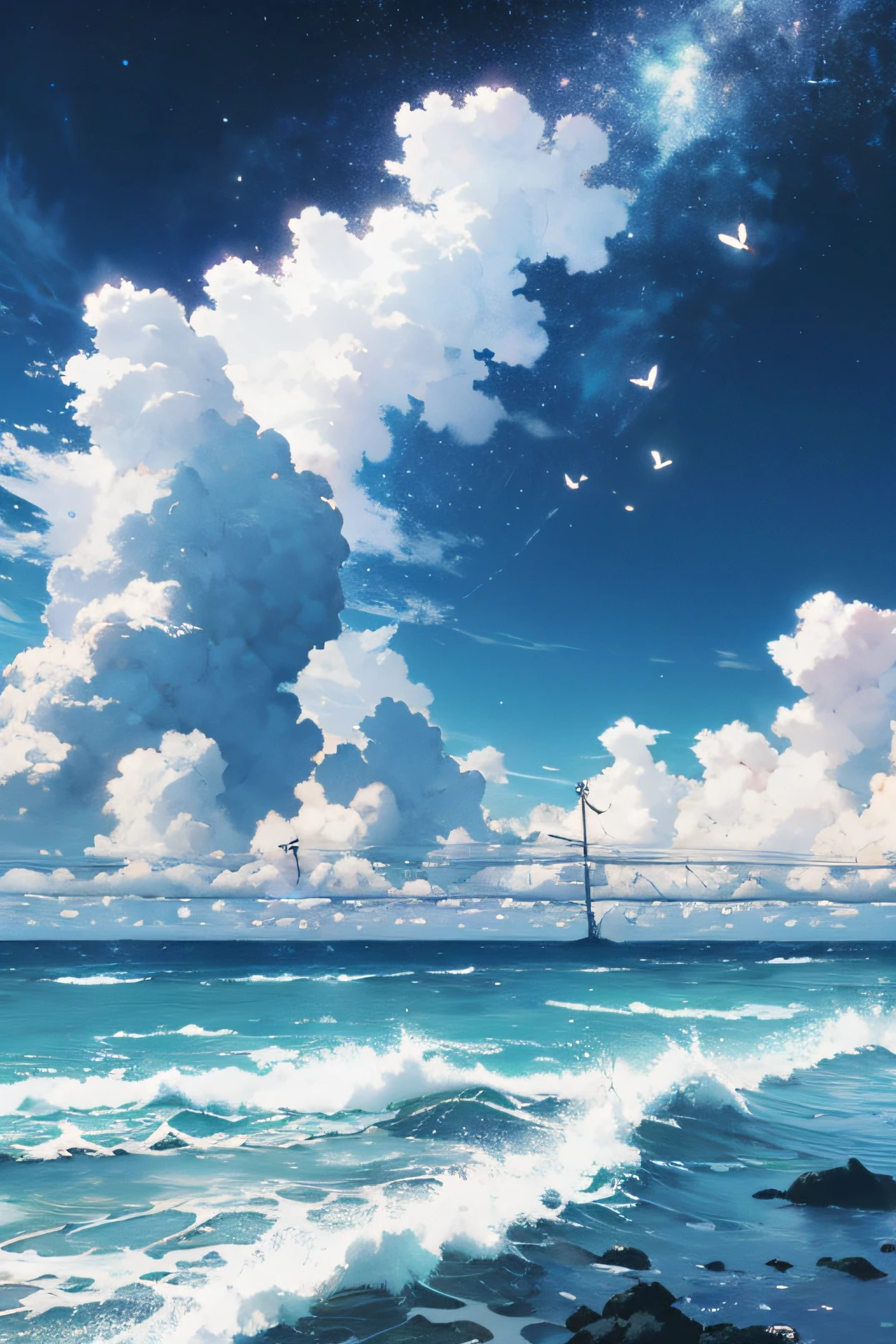 [（clouds background：1.5），：：5]（isometria：1.0）， medium-shot， seas， ocean swells， water splash， skies， light particules， butterflys， summer， starlit，a poster for a