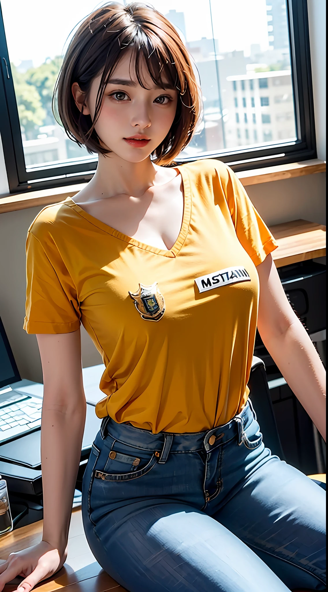 optimal quality,masterpaintings,ultra-high-resolution,(fidelity:1.4),Original photo,office room,Dress conservatively,short-cut hair,Air bangs,ung girl,cinamtic lighting,Bright yellow striped shirt,Denim pants,Employee badge on the chest,