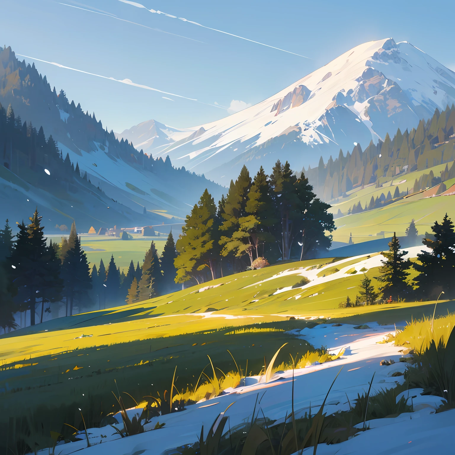 (masterpaintings,optimal quality:1.3),extremly high detail,intrikate,8k,HDR,cinamtic lighting,skies,Temperate forests,snow mountain,grass field, --auto