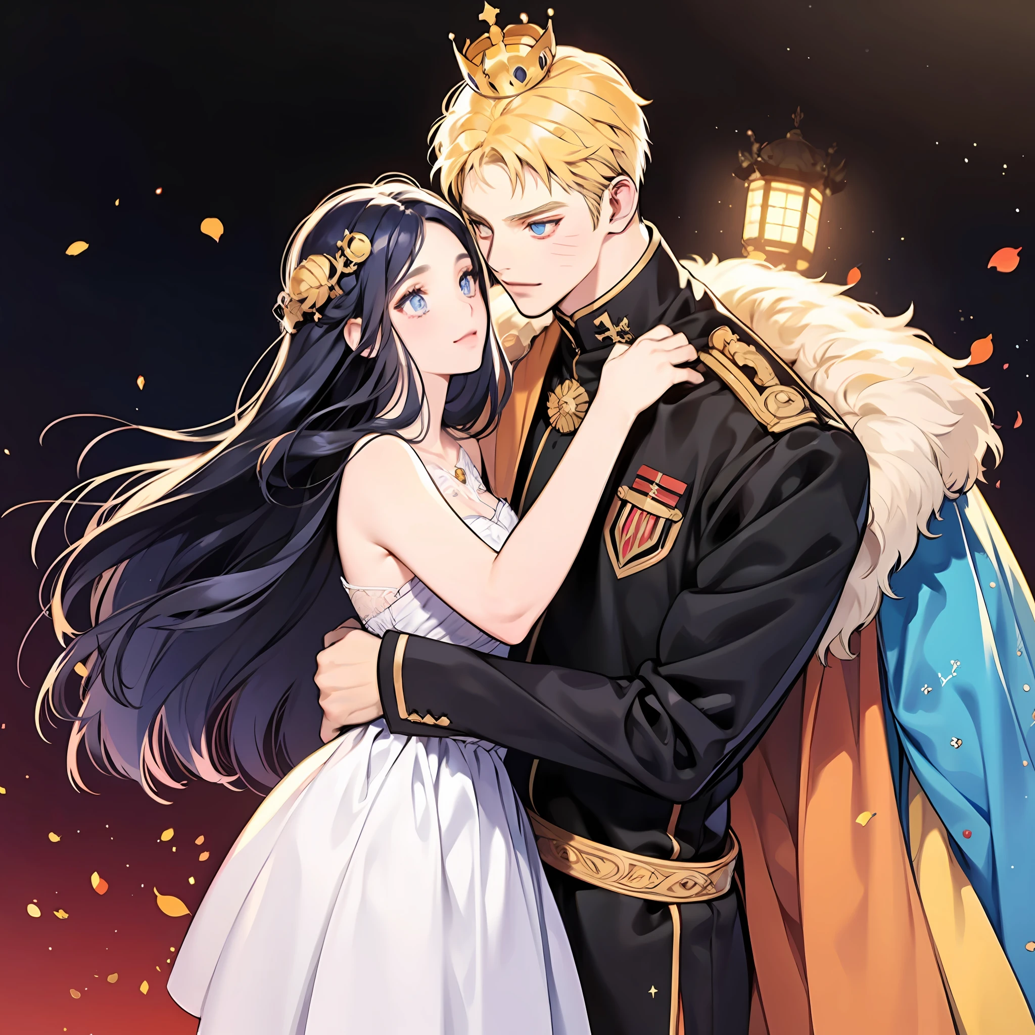 blonde man, dark blue hair girl, naruhina, hug, masterpiece, couple, standing, royalti, nobility, (((crowns))), king, queen, looking into each other eyes, romatic