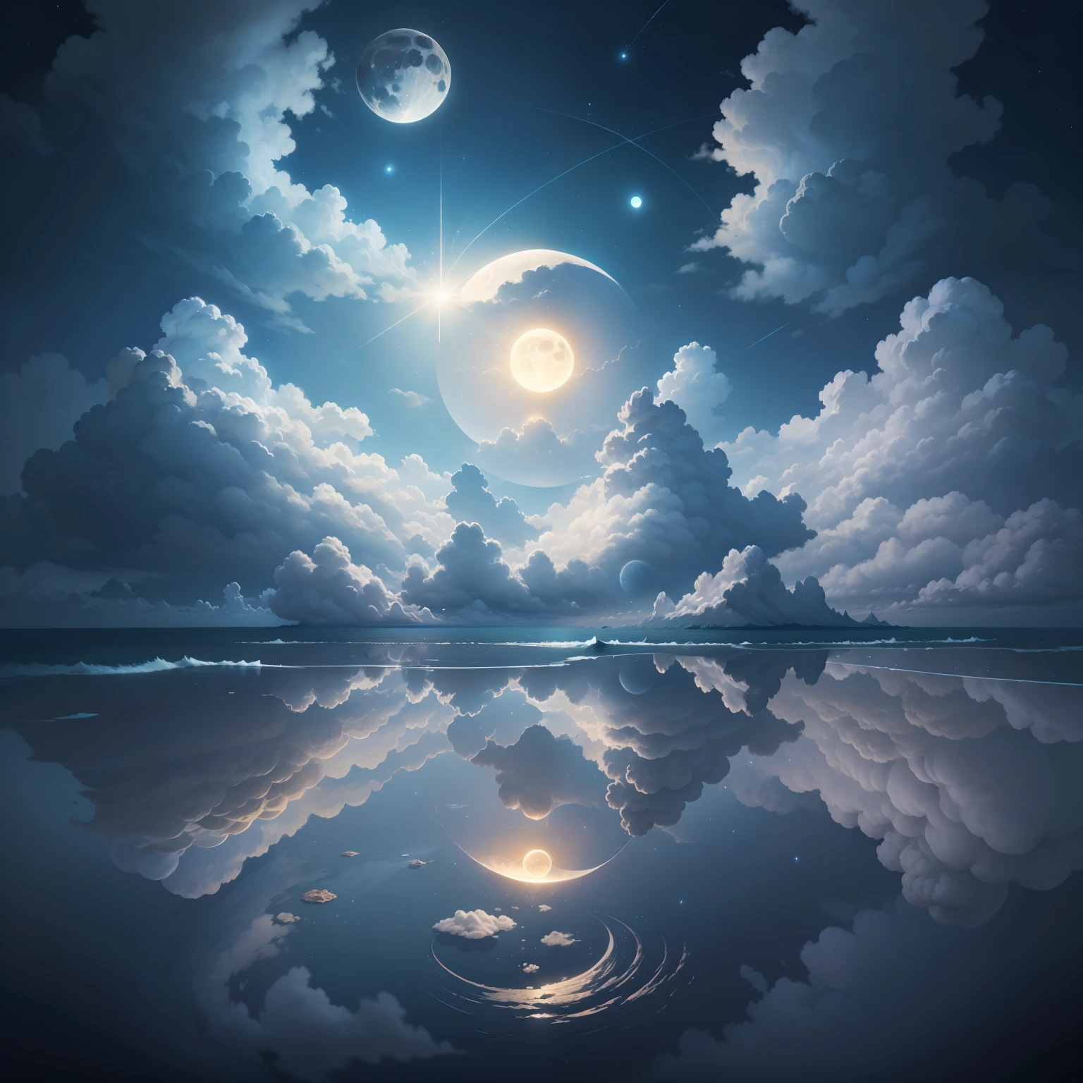 Clear sky, white clouds, vastness of the ocean, rising sun, mirror, constellations, moon, sky castles, white ocean, fog, realistic