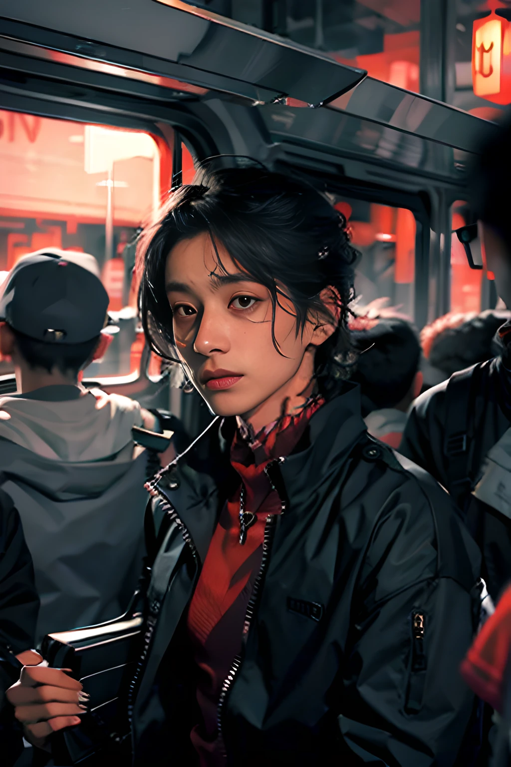 1boy Handsome men , on the train ,RED AND BLACK
