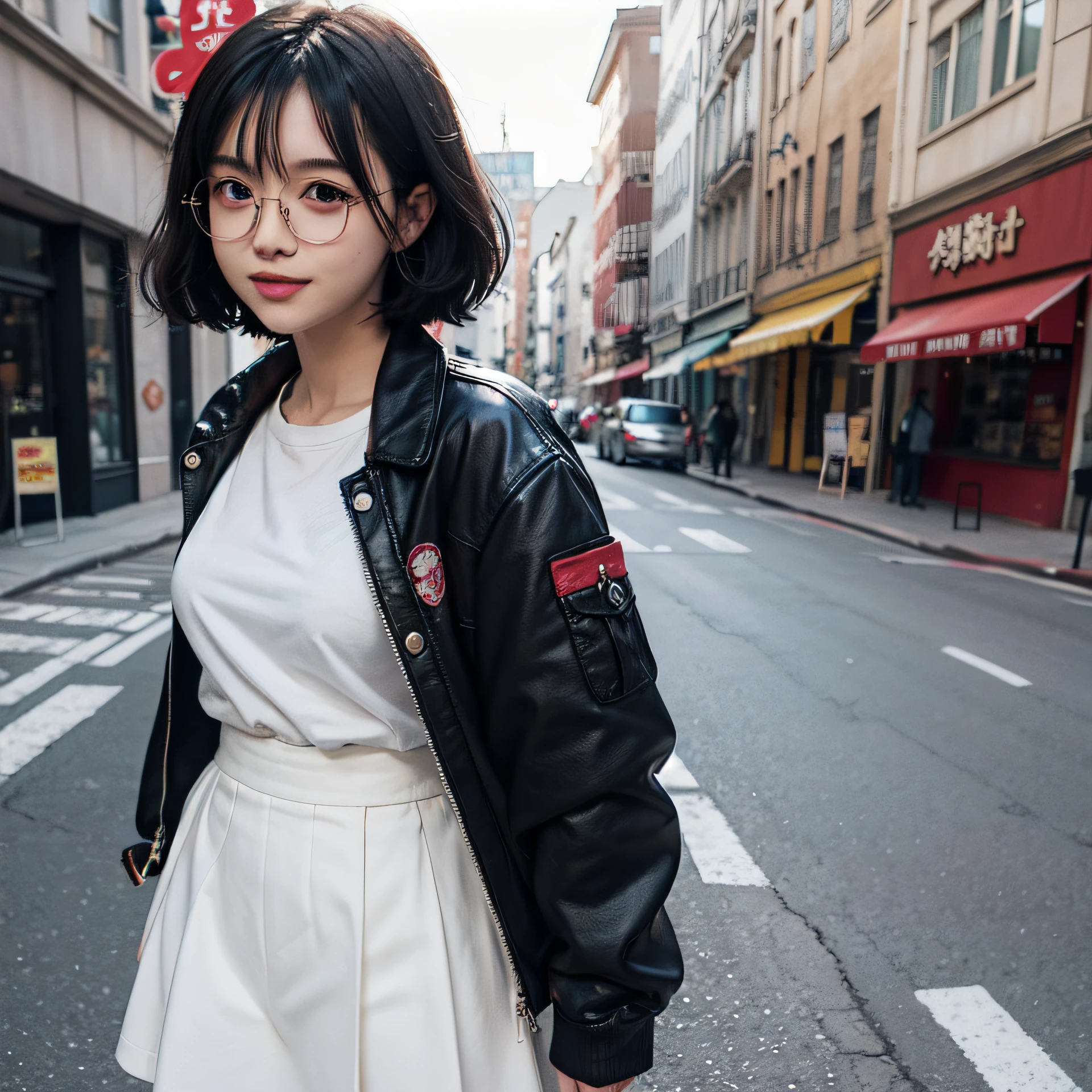 anime girl in a red jacket and white skirt standing in a street, cute art style, urban girl fanart, short hair, glasses, cute smile, loish art style, anime style character, stylized anime, in the art style of 8 0 s anime, anime art style, 8 0 s anime art style, clean detailed anime style, clean artstyle, in an anime style, 2 d anime style
