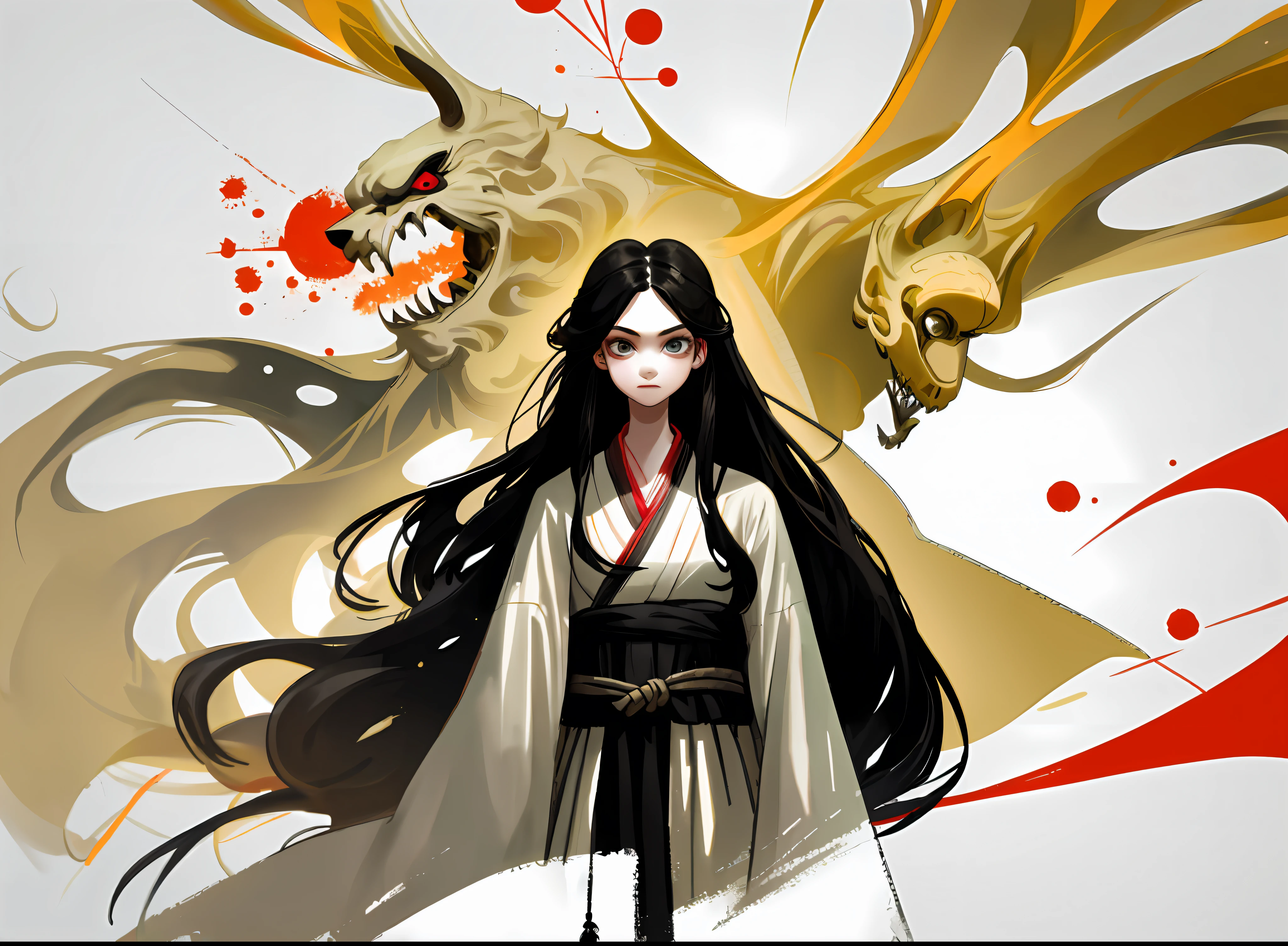 Long hair with a shawl，black har，straight-hair，dishiveredhair，Teenage Asian girl in Hanfu，Expressionlessly，Frigidity，A masterpiece of 8K high quality graphics。