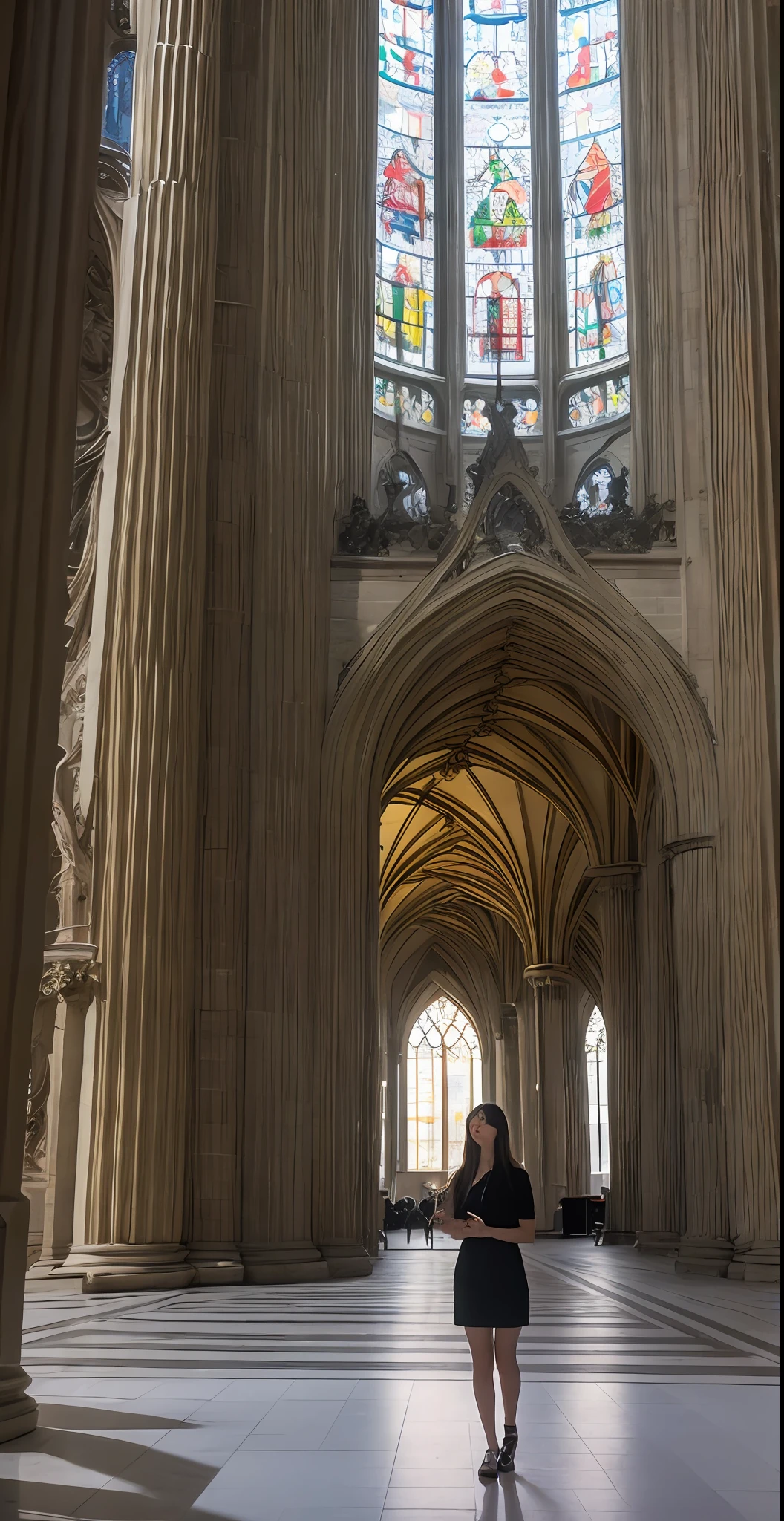 1girl, 21 years old, (realistic:1.3), finely detailed, quality, (masterpiece:1.2), (photorealistic:1.2), (best quality), (detailed skin:1.3), (intricate details), dramatic, ray tracing, photograph, Liquid [Marshlands|Madrid] from inside of a Cologne Cathedral, Bathed in shadows, Masterpiece, Despressing, Metalcore, film grain, Sony A7, 35mm