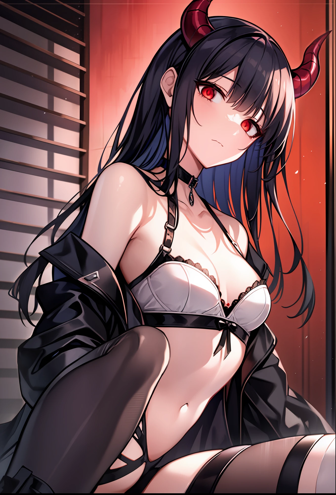 masterpiece, best quality, masterpiece,best quality,official art,extremely detailed CG unity 8k wallpaper, bishoujo, no_humans, devil, long hair, black hair, expressionless, breasts, small breasts, underwear, black kneehighs, demon horns, head tilt, red eyes, off_shoulder, adjusting_thighhigh, black choker ,