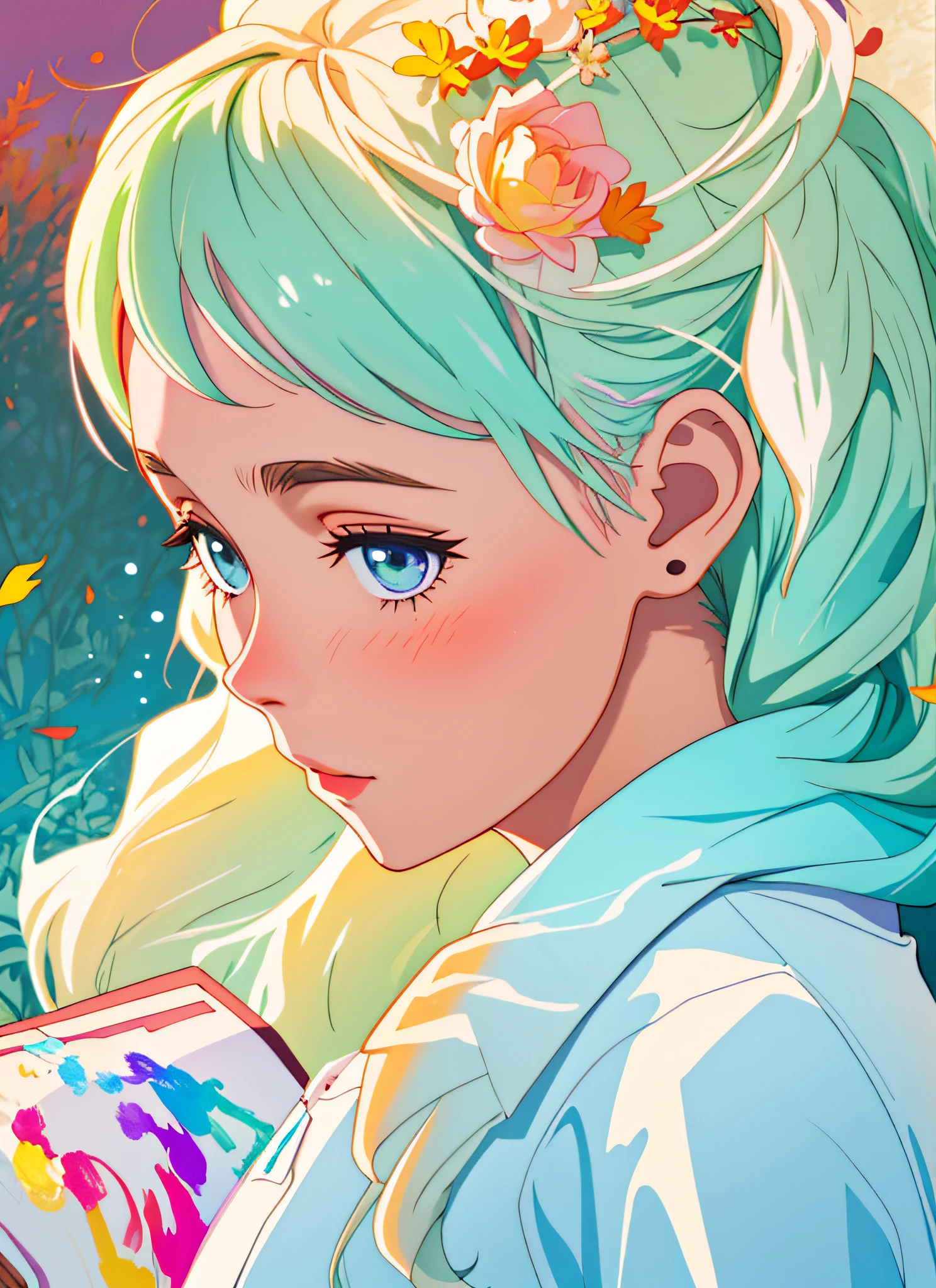 A woman from Santa Cecilia, luminous design, pastel colors, paint drips, beautiful autumn lights