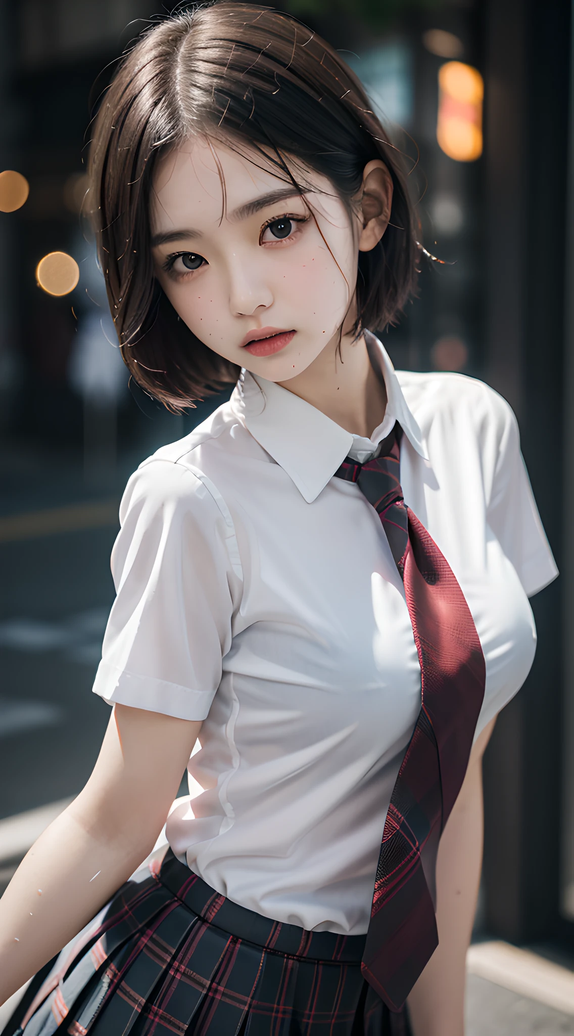 violaceaess, (gardeniass, rosaceaess:0.8), (masterpiece, best quality:1.4), delicate girl, beautiful short hair, close up, school uniform, white dress shirt, short sleeve, dark grey pleated plaid skirt, 8k, 50mm portrait, raw photo, absurdres, breasts focus, large breasts, thin arms, very thin waist, arch back, no makeup, worried, sophisticated, facelight, clear lighting, film grain, chromatic aberration, (dark red necktie:1.2), (wet shirt:1.2), street, bokeh, (simple background:1.2)