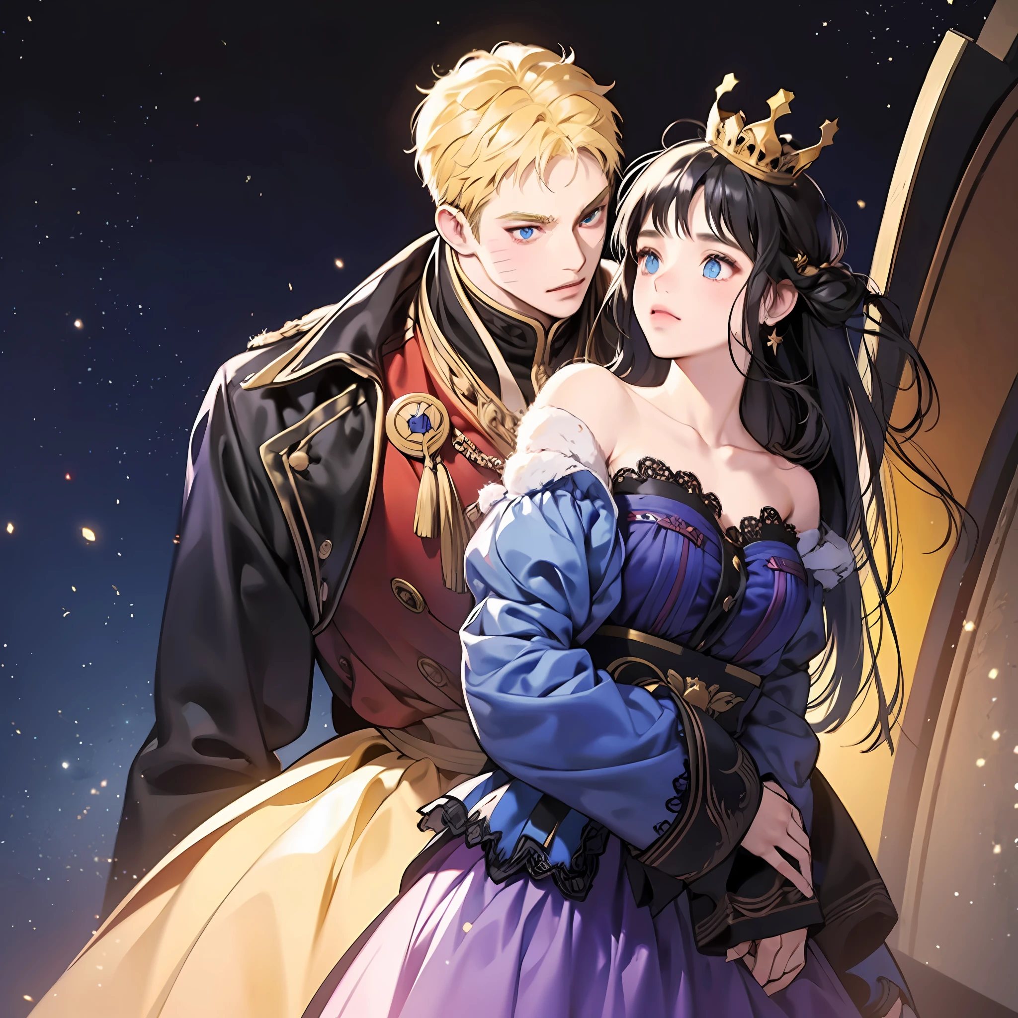 blonde man, dark blue hair girl, naruhina, hug, masterpiece, couple, standing, royalti, nobility, (((crowns))), king, queen, looking into each other eyes, romantic