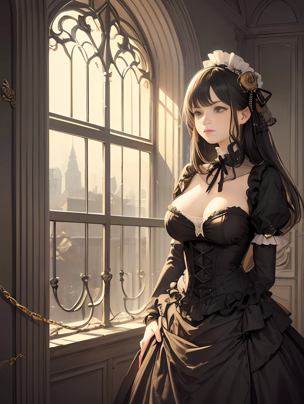 (Pure Color: 0.9), (Color: 1.1), (Masterpiece: 1,2), Best Quality, Masterpiece, High Resolution, Original, Highly Detailed Wallpaper, Beauty, Beauty, Victorian, Dress, Melancholy, Big Breasts, --auto --s2