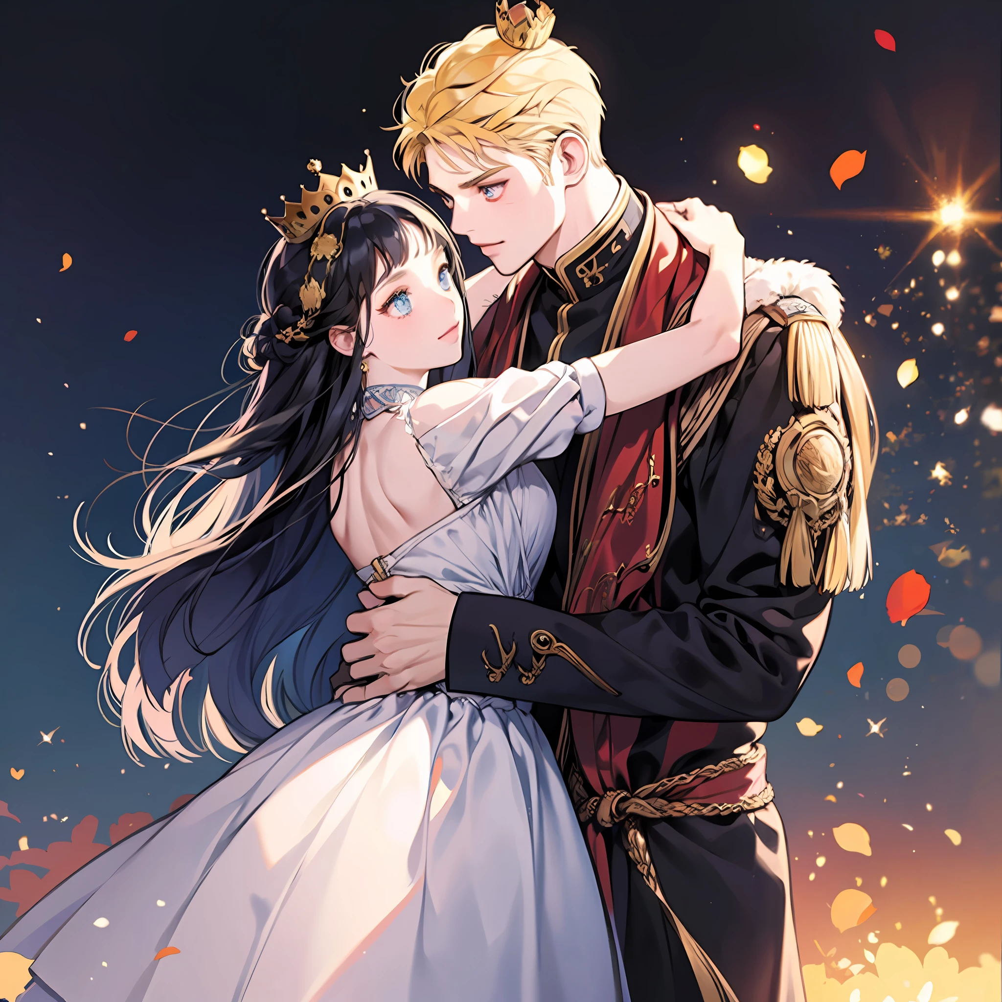 blonde man, dark blue hair girl, naruhina, hug, masterpiece, couple, standing, royalti, nobility, (((crowns))), king, queen, looking into each other eyes, romantic