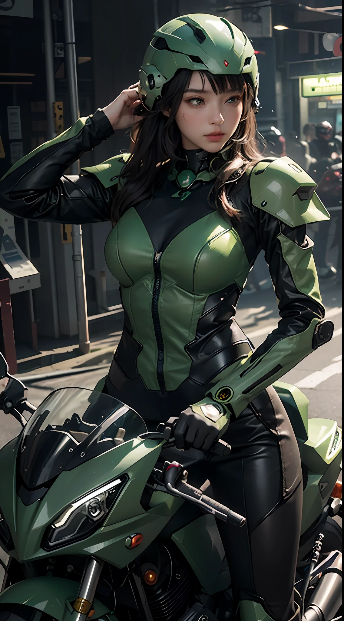 Highest image quality, outstanding details, ultra-high resolution, (realism: 1.4), the best illustration, favor details, highly condensed 1girl, with a delicate and beautiful face, dressed in a black and green mecha, wearing a mecha helmet, holding a directional controller, riding on a motorcycle, the background is a high-tech lighting scene of the future city.