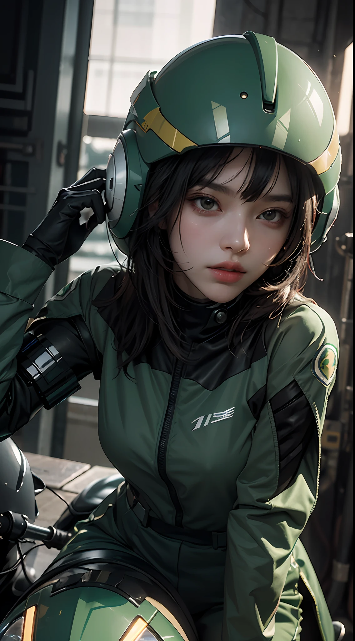 Highest image quality, outstanding details, ultra-high resolution, (realism: 1.4), the best illustration, favor details, highly condensed 1girl, with a delicate and beautiful face, dressed in a black and green mecha, wearing a mecha helmet, holding a directional controller, riding on a motorcycle, the background is a high-tech lighting scene of the future city.