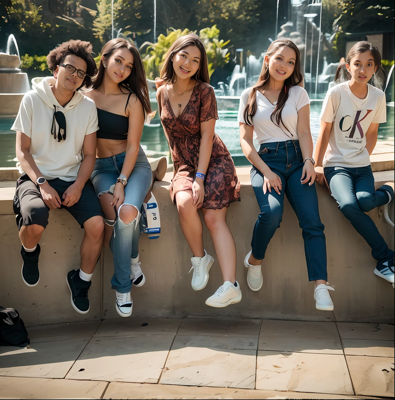 arafed group of young people sitting on a ledge near a fountain, foto de grupo, Beautiful girls, rapazes bonitos, em um parque, realista, 8K, Full Hd, Hdr, detalhada, lighting cinema, do not modify faces, agua da fonte realista , raios de luz