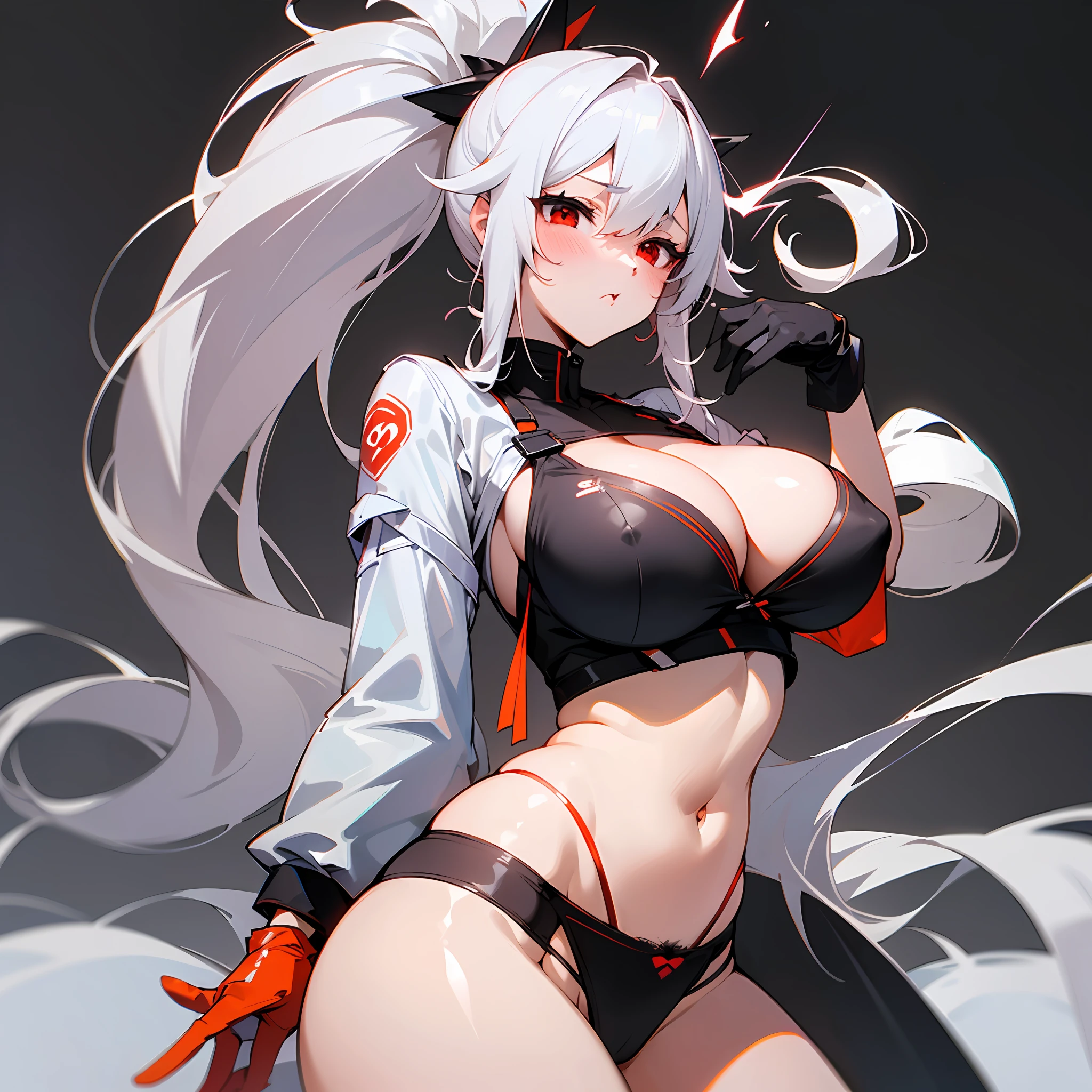 (Pure and minimalist black background),(The girl has red eyes and white hair, Large big tits, barepubic hair, 乳頭, Breast coverage, Panties, A distant vista),(Tsundere sexy and energetic style)