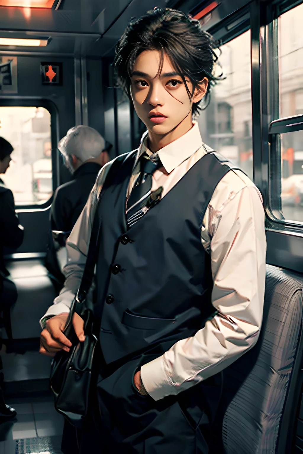 1boy Handsome men , on the train ,RED AND BLACK