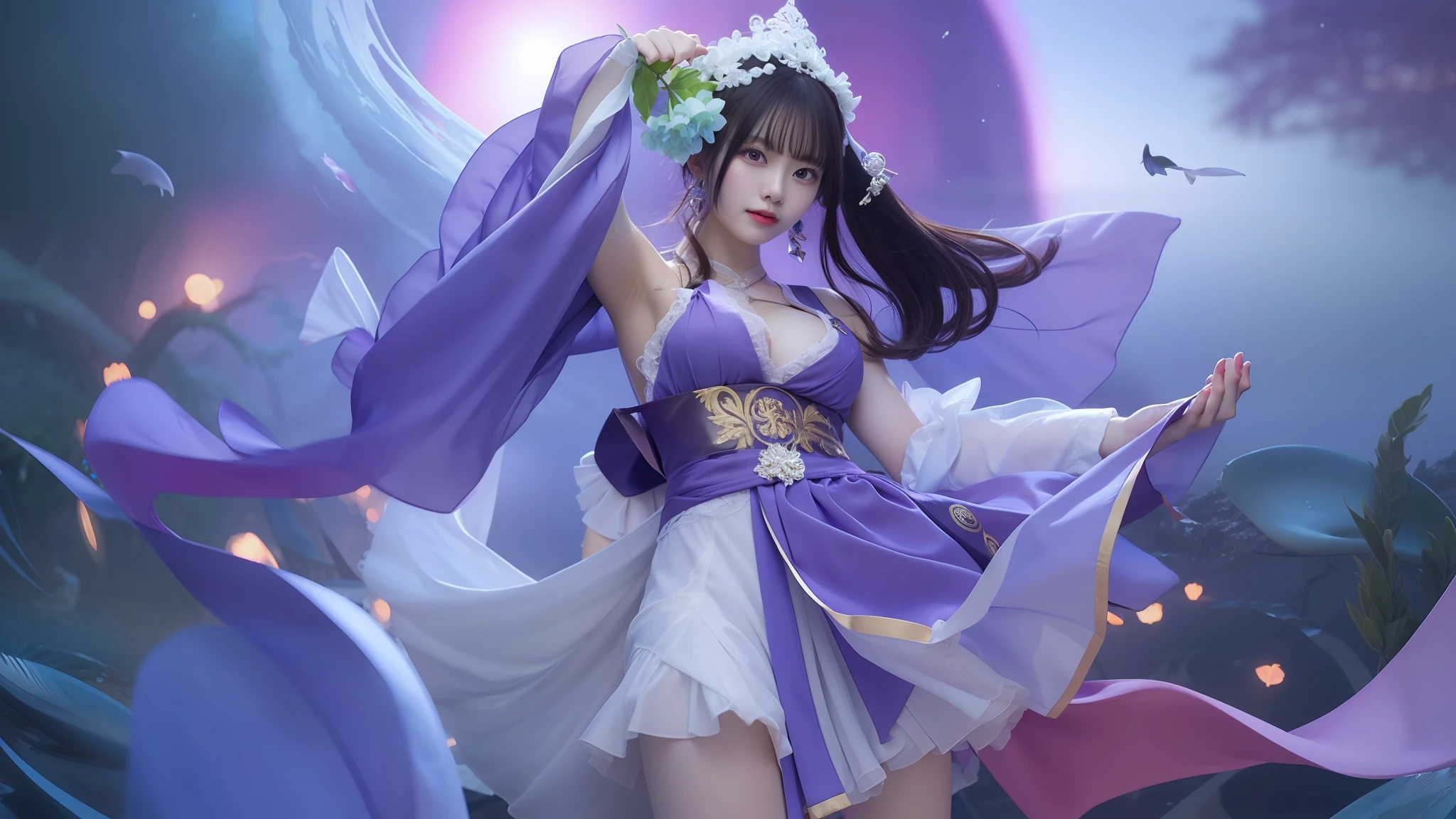 anime girl with a purple dress and a blue hat holding a green flower, queen of the sea mu yanling, by Yang J, heise jinyao, yun ling, onmyoji detailed art, beautiful celestial mage, inspired by Ju Lian, full body xianxia, inspired by Pu Hua, g liulian art style, keqing from genshin impact, kagura from mobile Legends bang bang, 70mm, ultra detail,8k very detailed CG unit wallpaper) (best quality), (best illustration), (best shading), cute, medium boobs and thighs