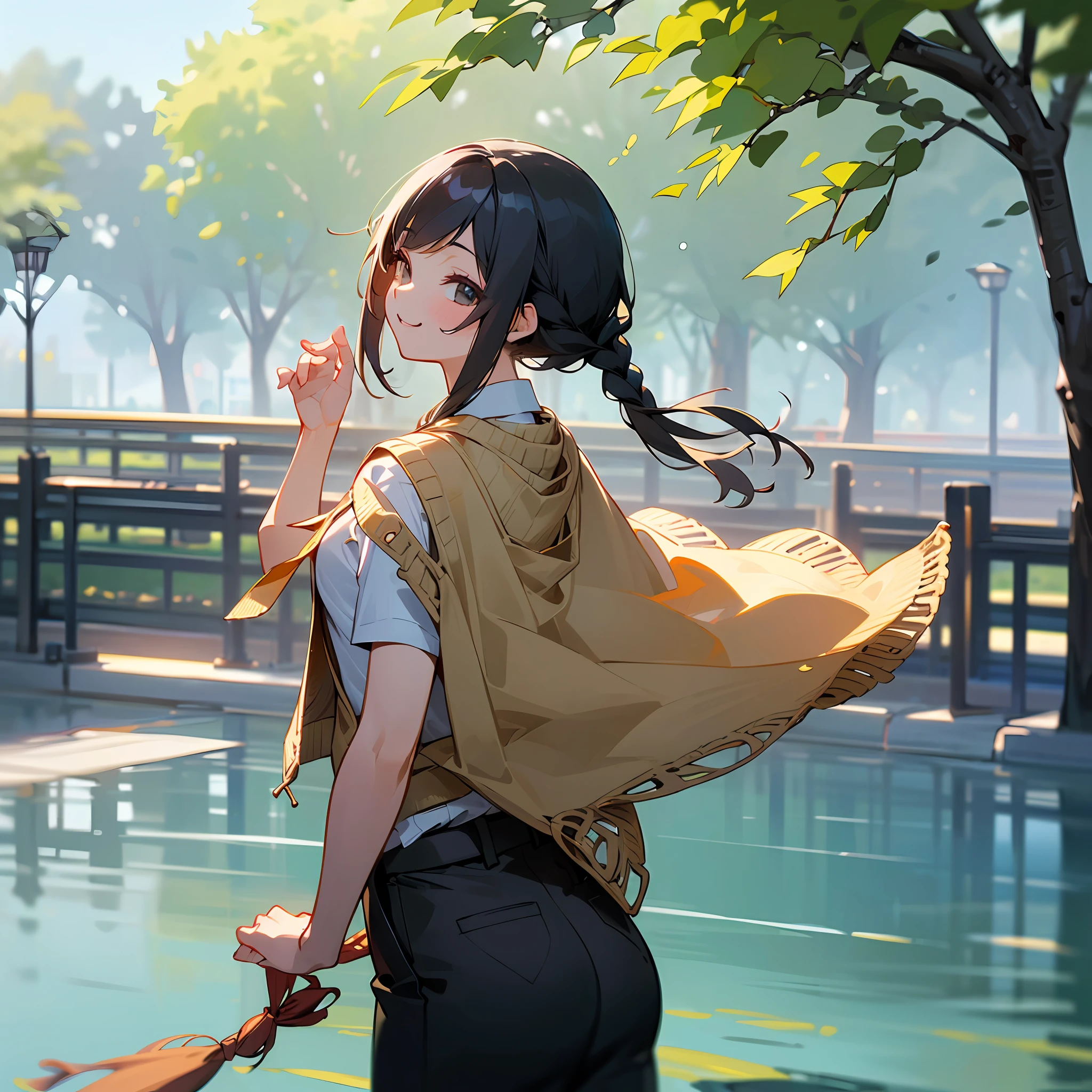 ((the best quality、8K、A masterpice:1.3))、only girl、Whole human body、Braids on the back of the head、black  hair、smile on face、Beige knitted vest、Light water shirt、Black pants、High school student、a park、appointment、Sunnyday