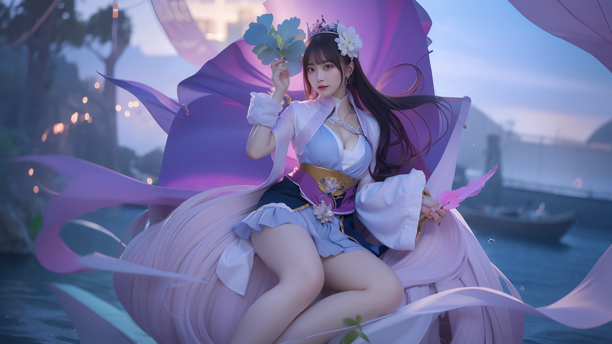 anime girl with a purple dress and a blue hat holding a green flower, queen of the sea mu yanling, by Yang J, heise jinyao, yun ling, onmyoji detailed art, beautiful celestial mage, inspired by Ju Lian, full body xianxia, inspired by Pu Hua, g liulian art style, keqing from genshin impact, kagura from mobile Legends bang bang, 70mm, ultra detail,8k very detailed CG unit wallpaper) (best quality), (best illustration), (best shading), cute, medium boobs and thighs