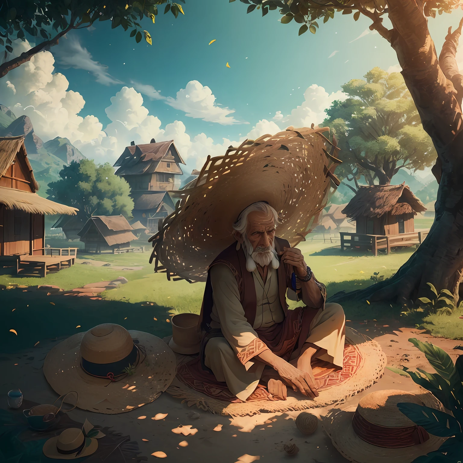 (extremely detailed CG unity 8k wallpaper,best quality, ultra-detailed),(best illumination, best shadow, an extremely delicate and beautiful),tribal village,old man,resting under a big tree,weaving a straw hat,showcasing straw hats on the ground,sunny day,green leaves,peaceful nature,wide shot. --auto