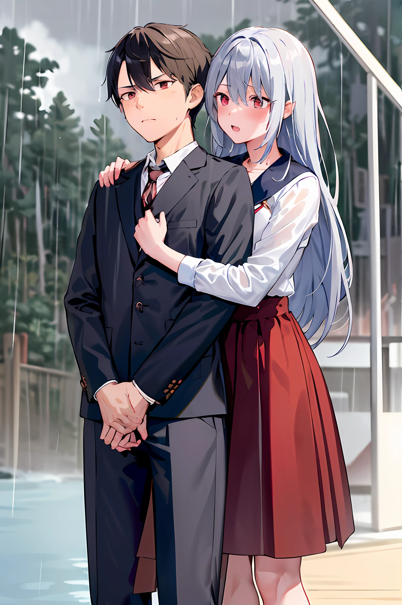 anime couple standing in the rain with umbrellas over their heads, Depois da chuva e sem meninas, em estilo anime, Yandere. alto, em estilo anime, Chovendo!!, After the rain, anime moe artstyle, Depois da chuva, retrato estilo anime, Chovendo!, ; visual novela, estilo de anime limpo e detalhado, sob chuva, just after the rain, Yandere, capa de anime