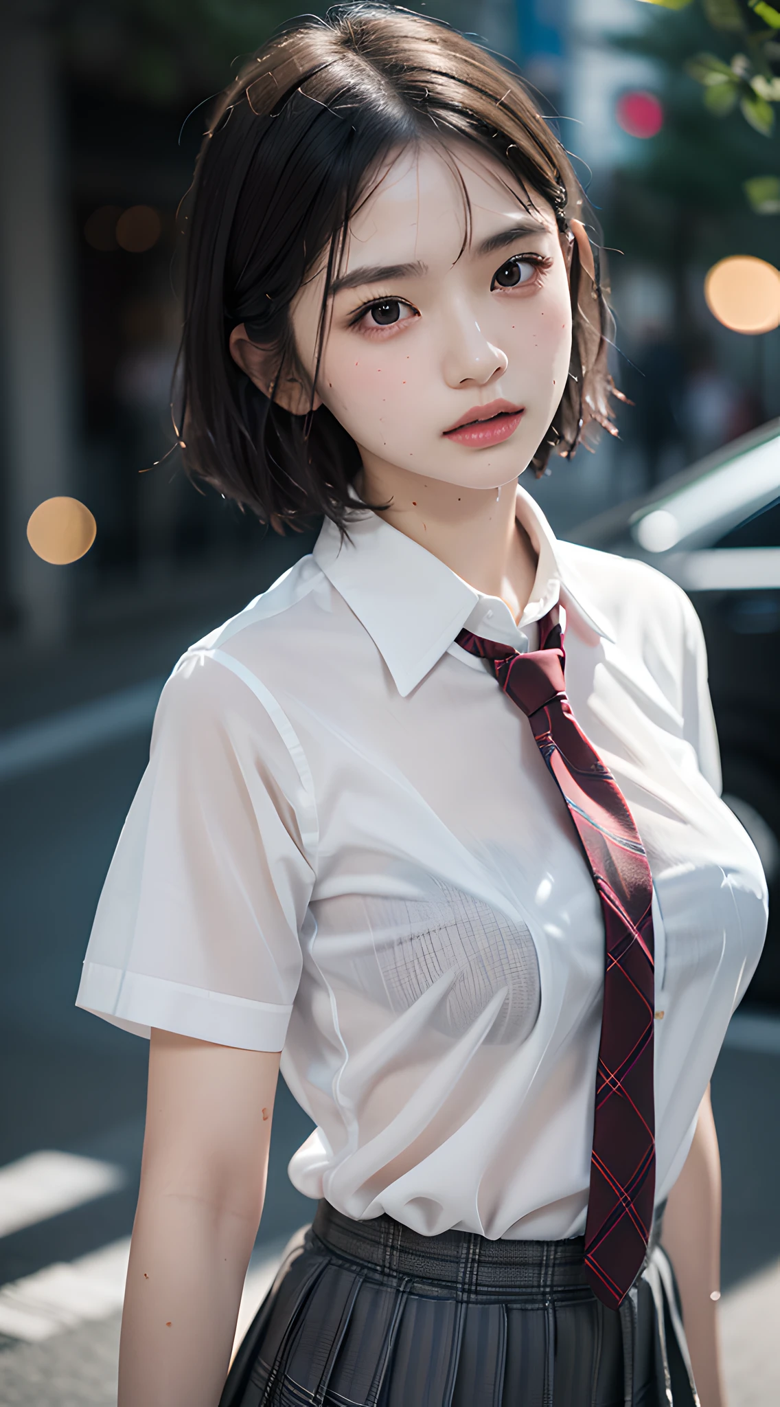 violaceaess, gardeniass, rosaceaess, (masterpiece, best quality:1.4), delicate girl, beautiful short hair, close up, school uniform, white dress shirt, short sleeve, dark grey pleated plaid skirt, 8k, 50mm portrait, raw photo, absurdres, breasts focus, large breasts, thin arms, very thin waist, arch back, no makeup, worried, sophisticated, facelight, clear lighting, film grain, chromatic aberration, (dark red necktie:1.2), (wet shirt:1.3), street, bokeh, (simple background:1.2)