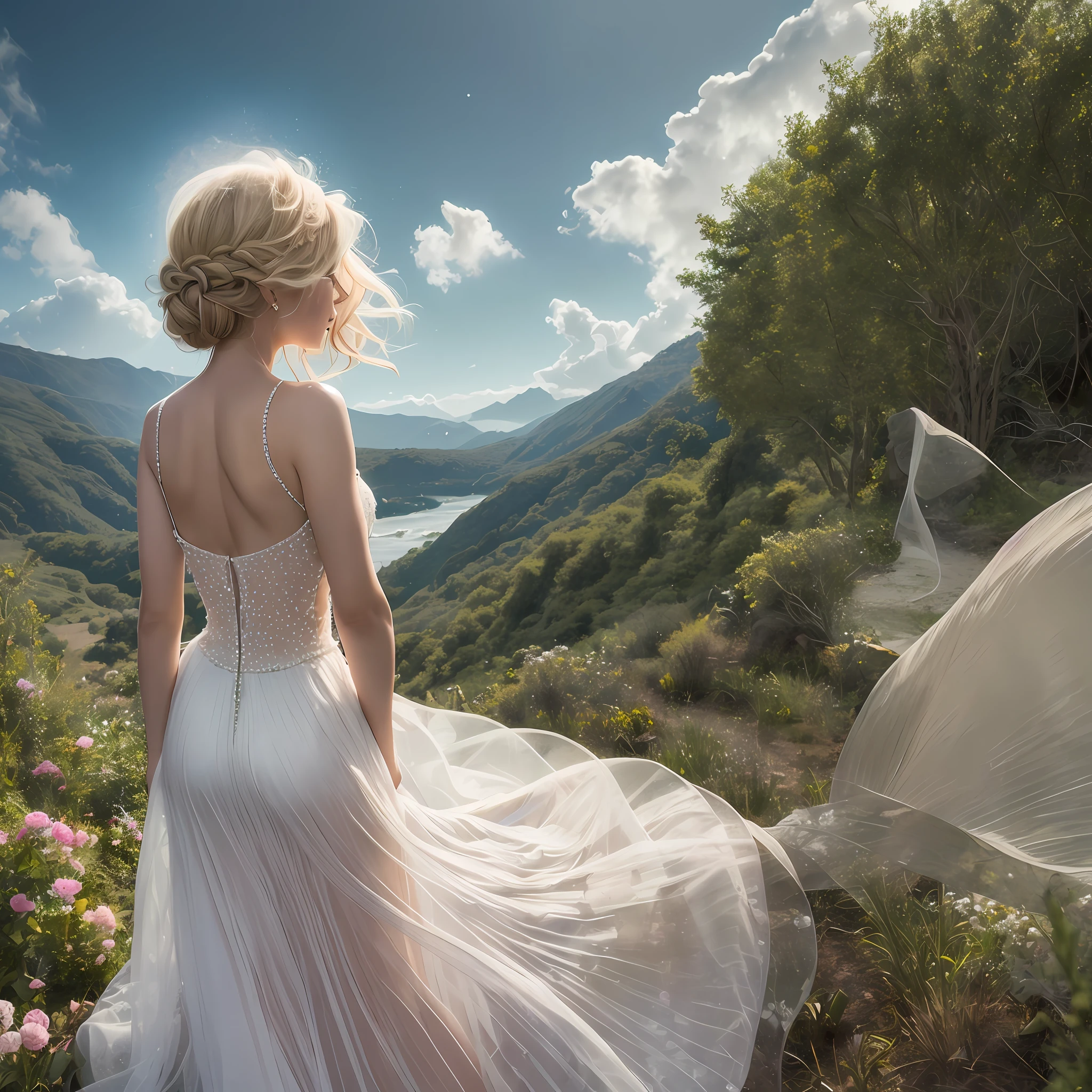 A blonde girl in a dress of pearls, her hair cascading down her back, a halo of light around her head, and a transparent fabric dress that shimmers in the light.