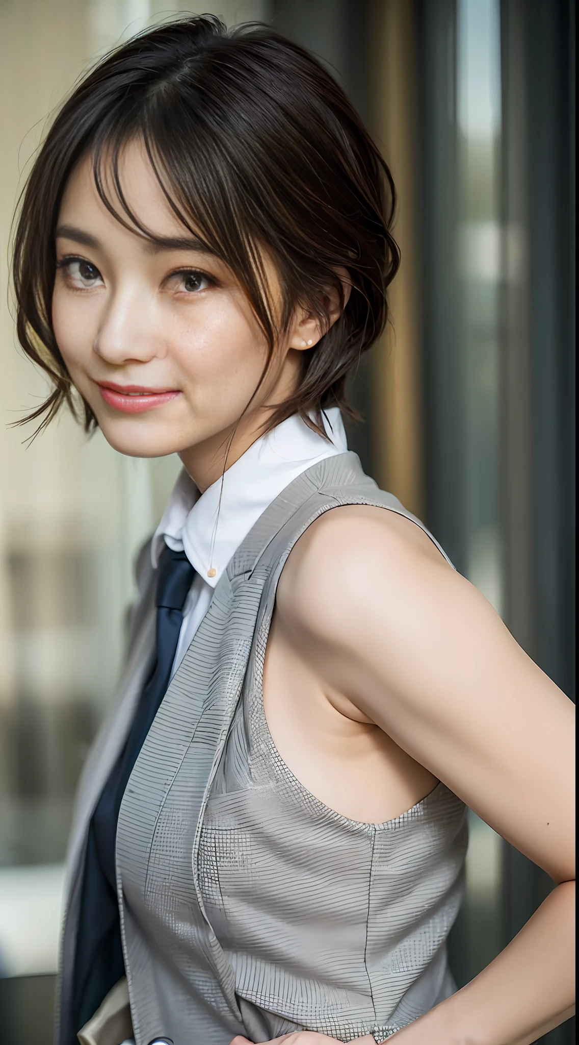 (Maste Piece:1.3), (8K, Photorealistic, Raw photography, Best Quality: 1.4), japanease, Beautiful face, (Lifelike face), (Short-cut hair:1.3), Realistic eyes, Beautiful eyes, (realskin), Beautiful skin, Ultra high definition, Hyper-realistic, Hi-Def, Beautiful Japan Woman、Navy trouser suit、Sleeveless white business shirt、cdy、Lower your pants、(forcusfrom behind:1.4)、a smile、
