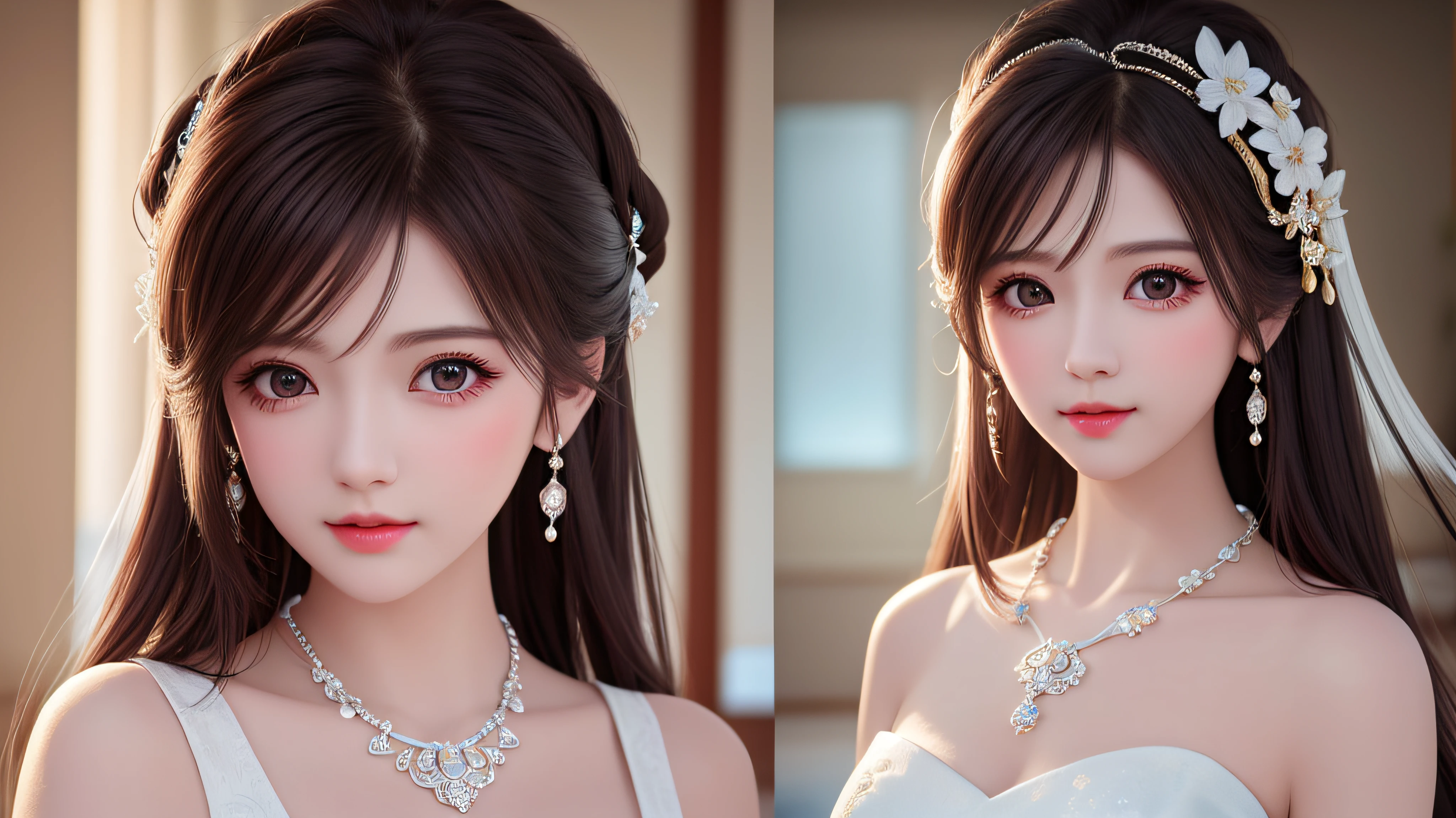 araffe woman with long hair wearing a white top and pearl necklace, gorgeous young korean woman, beautiful young korean woman, beautiful south korean woman, soft portrait shot 8 k, young adorable korean face, young cute wan asian face, 8k artgerm bokeh, portrait of female korean idol, young beautiful woman, a young asian woman, beautiful young asian woman