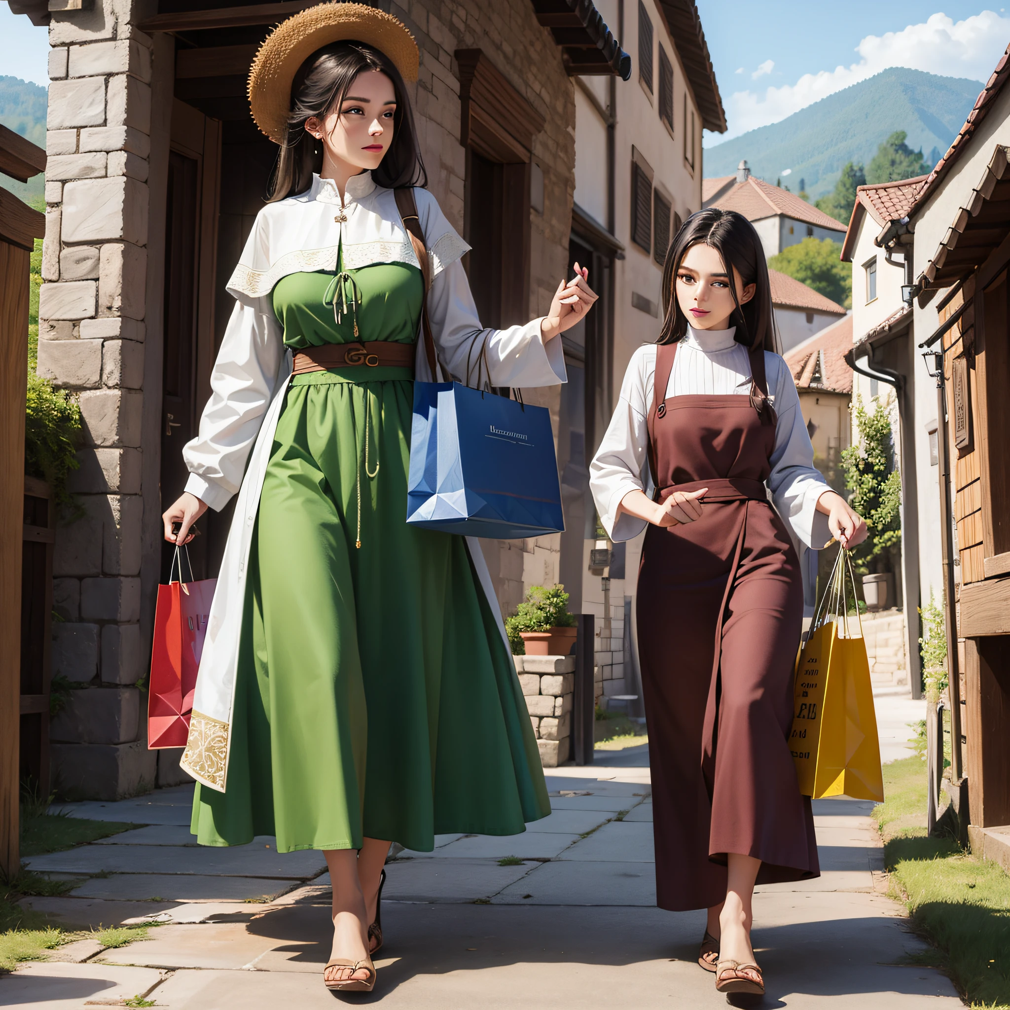 Woman, peasant, clothes in earthy tones, walking with Friday shopping, in medieval village