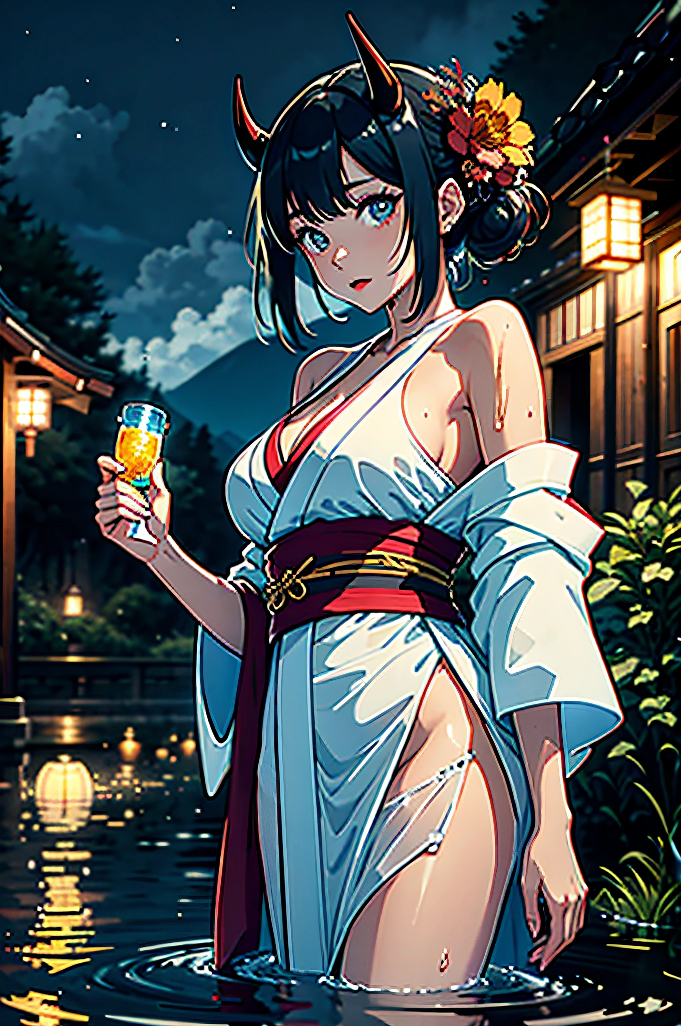 1girl, breasts, moon, lantern, night, solo, large breasts, hair ornament, wet, kimono, japanese clothes, wading, water, hair flower, flower, outdoors, sky, full moon, rain, black hair, off shoulder, mountain, cloud, holding, sash, bare shoulders, paper lantern, standing, white kimono, night sky, sideboob, obi, wet clothes, bangs, tree, from side, reflection, short hair, cloudy sky, wet hair (((masterpiece),(extremely detailed CG unity 8k wallpaper),best quality,,solo,1girl,cinematic lighting,detailed background,beautiful detailed eyes,bright pupils, (an extremely delicate and beautiful),(Beautiful and detailed eye description), ultra-detailed,masterpiece,)), red skin, demon girl, with horns, Japanese demon girl