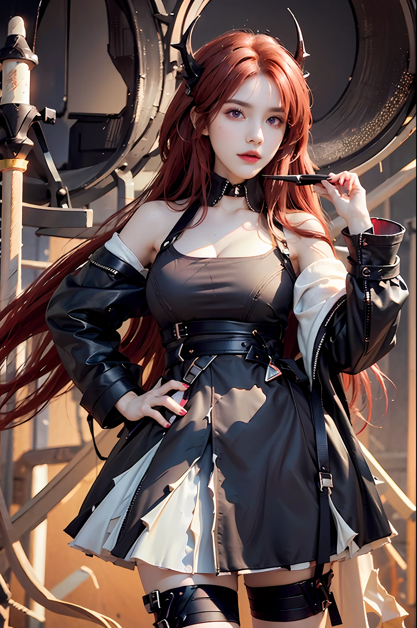 photorealistic, high resolution, 1 girl, hips up, origen, serious, horn, long hair,red hair,purple eyes,off-the-shoulder jacket, black dress, black stocking
