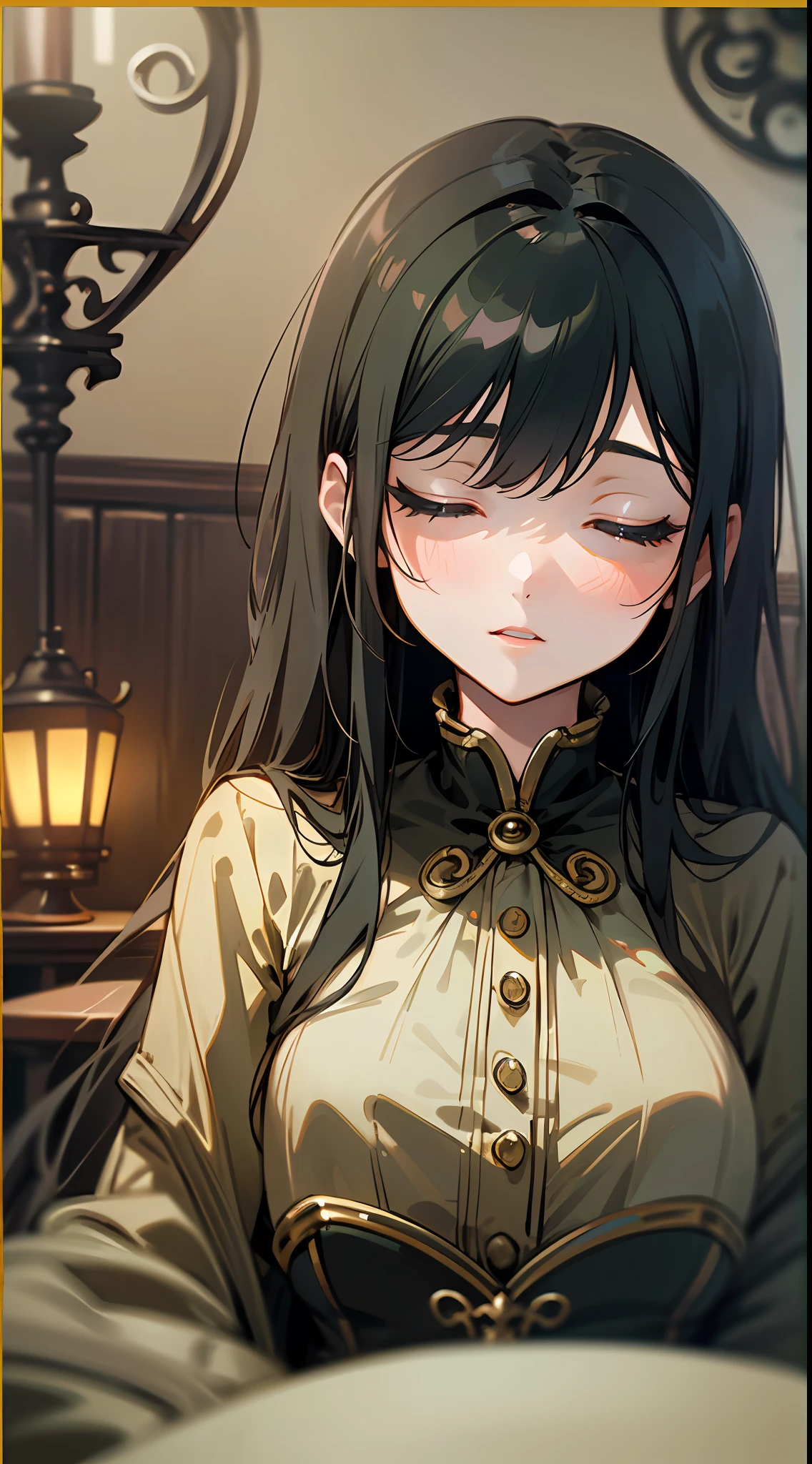 maximum quality、Intrincated detailed、8K、４K、Highresolution、Intrincated detailed、brunet、（Beautiful girl with long hair with black hair）、Upper body is shown、Light green nightwear、Lantern light、Witch's Room、Scantily、(Fantasy world)、((Sleeping in a rockin' chair))、
