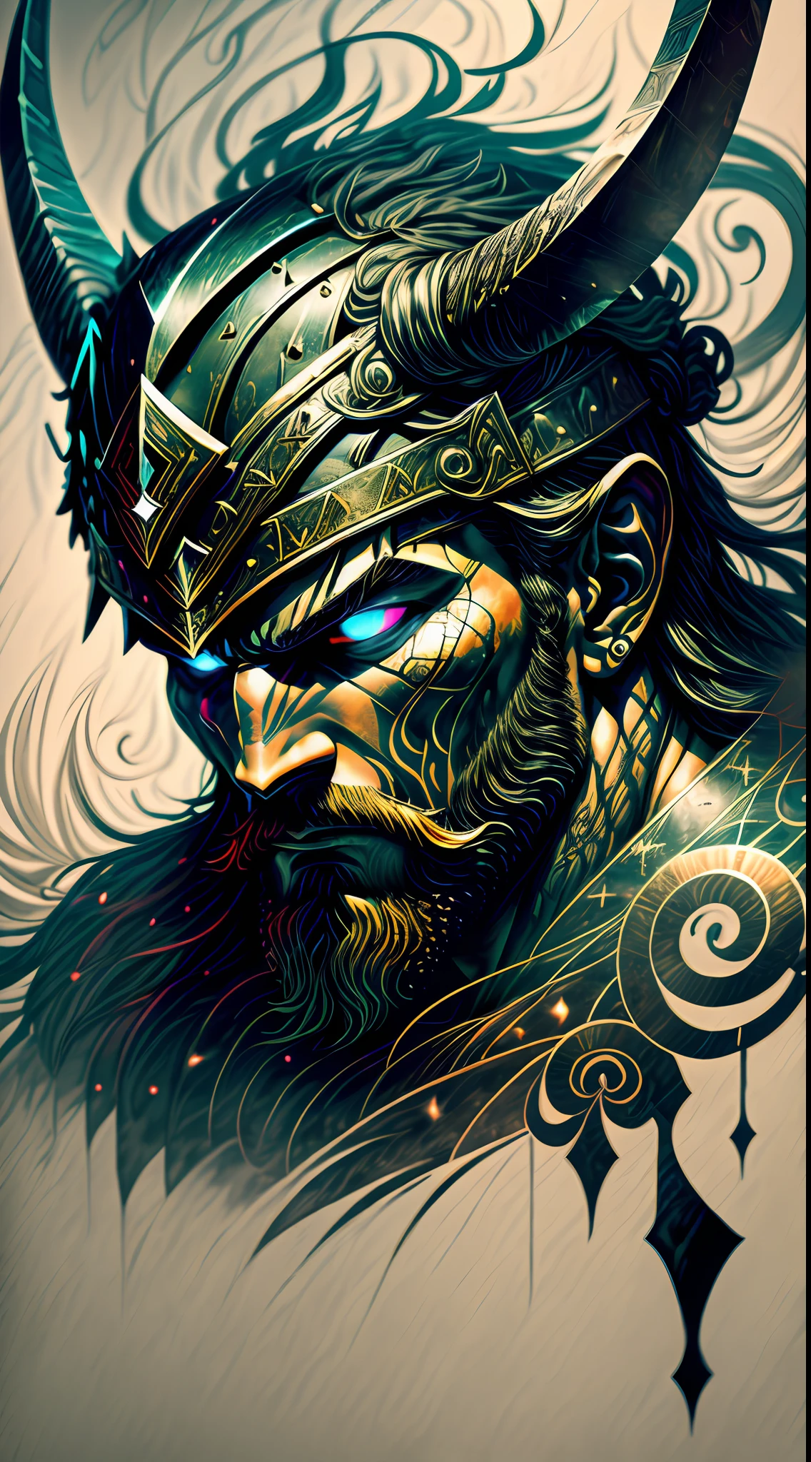 An intense close-up of a Viking warrior with piercing, glowing eyes, surrounded by an inky darkness. His horned helmet gives him an imposing silhouette, while his wild, flowing beard adds a touch of ruggedness. The warrior's face bears an expression of deep anger, a testament to his ferocity in battle. The backdrop is filled with swirling tendrils of inky blackness, reminiscent of ancient mythological forces. The atmosphere is tense, hinting at the mythical powers that surround the warrior. The image combines high detail and an artistic touch, creating a captivating visual experience. Artwork, ink on parchment