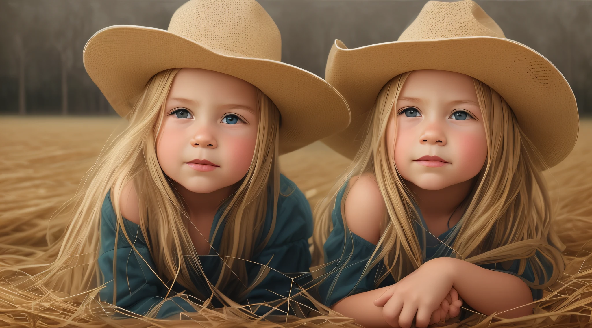 two s wearing hats laying on a field of hay, beautiful gemini twins portrait, painting digital adorable, next gen, beautiful gemini twins, twins, lindo pintura digital, Duas meninas, ai digital oil painting, pintura digital bonita, arte digital, arte digital, meninas fofas, pidigital impressionante, epic tale of the twin sisters, arte digital bonito, Arte ocidental