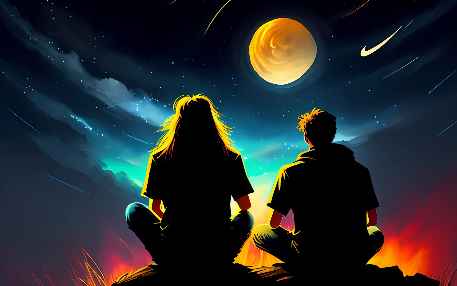 Long hair man sitting and looking up at the wonderful night sky Dry brush speed painting, Paint brush stroke+, Epic composition, vivid color, stars