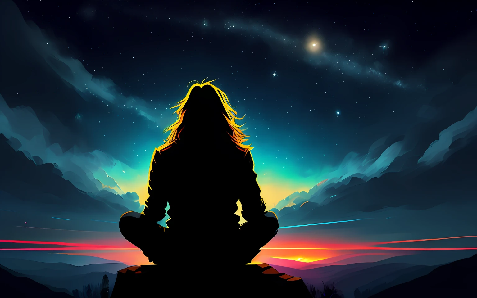 Long hair man sitting and looking up at the wonderful night sky Dry brush speed painting, Paint brush stroke+, Epic composition, vivid color, stars