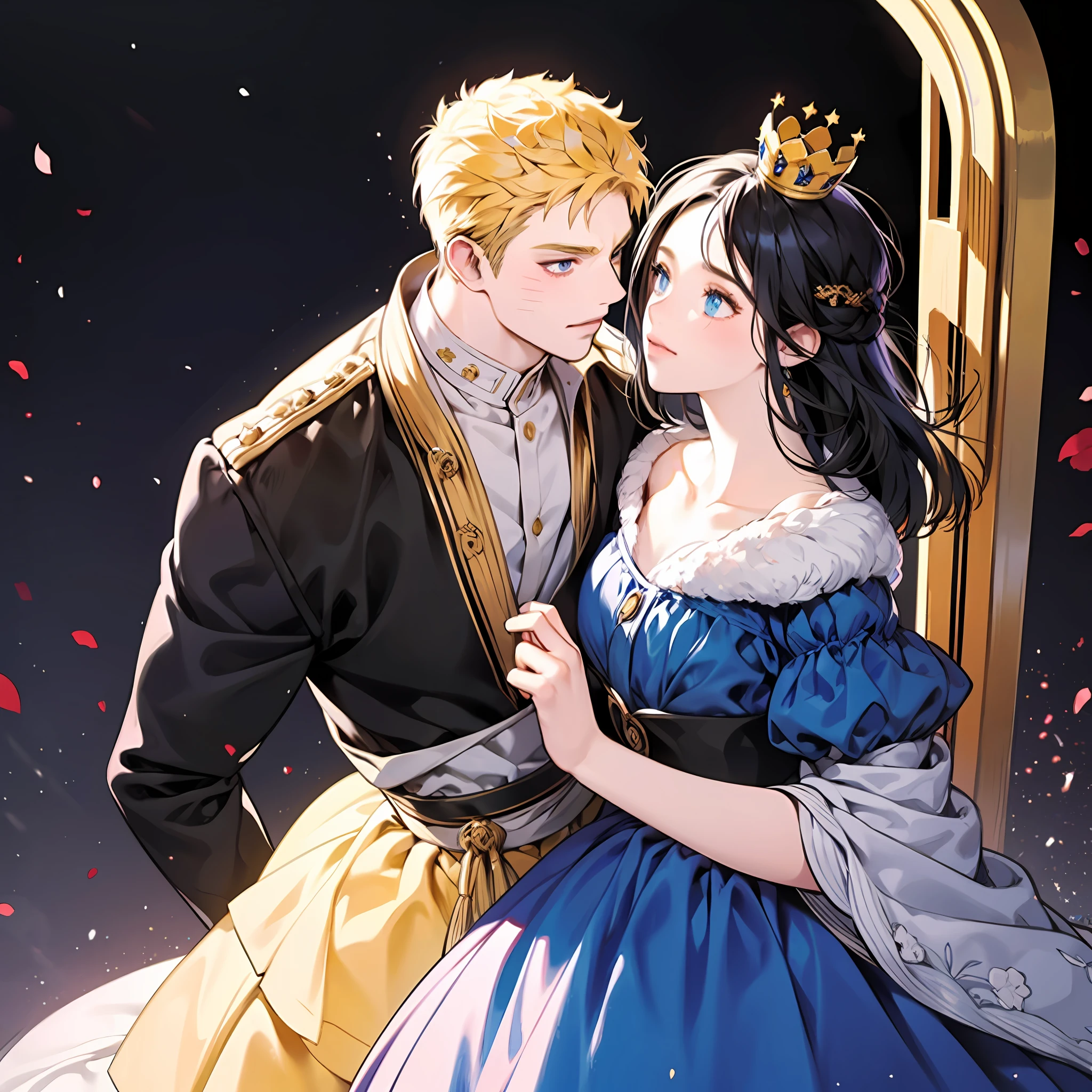 blonde man, dark blue hair girl, naruhina, throne, masterpiece, couple, standing, royalti, nobility, (((crowns))), king, queen, looking into each other eyes, romantic