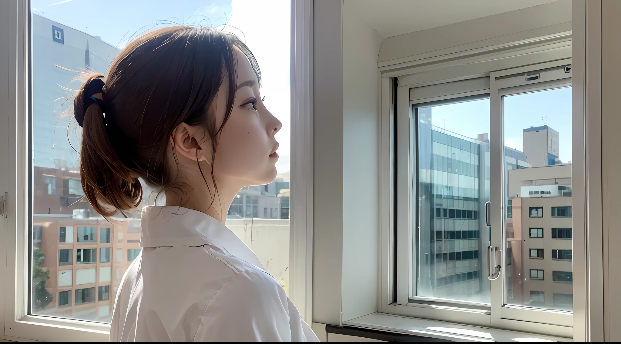 nurse、white coats、女の子1人、a mature female、vests、bow、a photo、realisticlying、beste-Quality、adopt、detailed faces、hospital、Building from the window、detailed back ground、Diffused sunlight、depth of ﬁeld、Bokeh