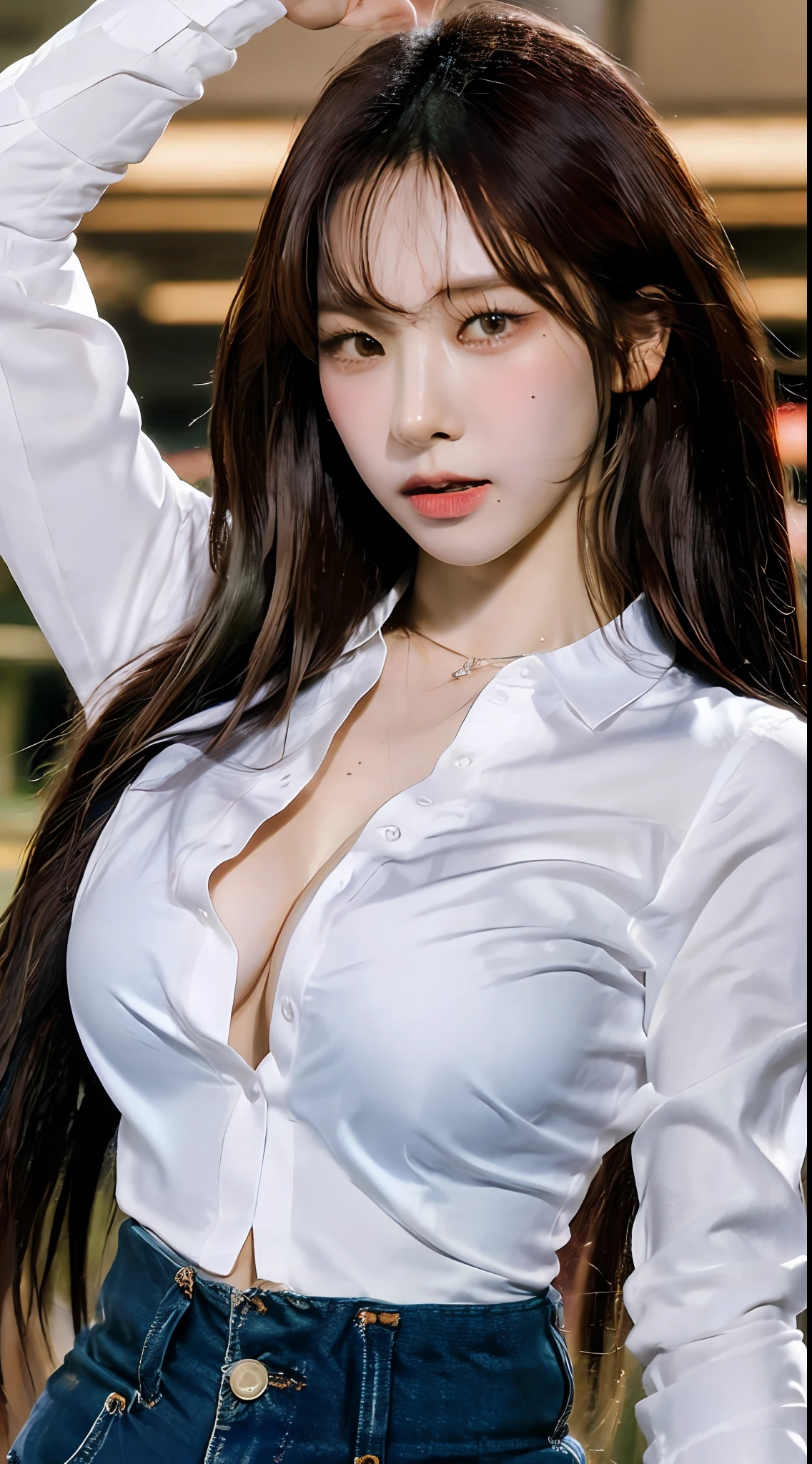 ((Best quality, 8k, Masterpiece :1.3)), Sharp focus :1.2, A pretty woman with perfect figure :1.4, Slender abs :1.2, ((Dark brown hair, Big breasts :1.2)), (White button up long shirt :1.1), City street:1.2, Highly detailed face and skin texture, Detailed eyes, Double eyelid